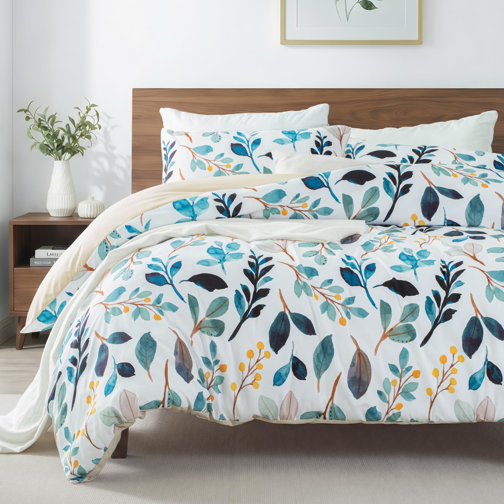 Whale Flotilla Single Duvet Cover Set, 2-Piece Soft Microfiber Printed Leaf Bedding Sets with Pillowcase, Reversible Quilt Cover Sets with Zipper Closure and Corner Ties, 135x200cm, Navy