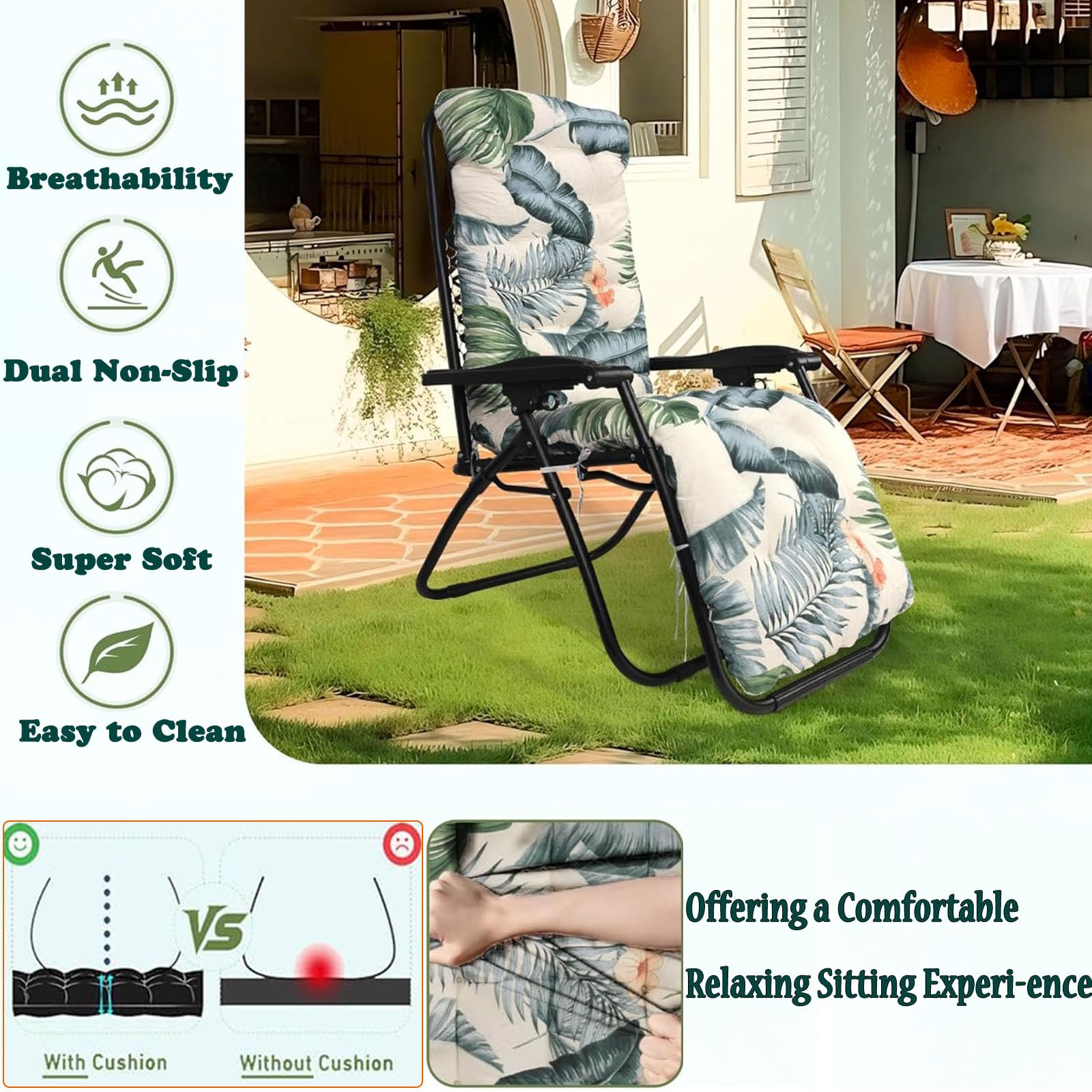 Cojin Tumbona Exterior Monocroma,Cojin Tumbona con Correas de Sujeción,Colchoneta Tumbonas Antideslizante,Cojines Exterior Jardin para Patio,Playa (Beige,150x48cm)