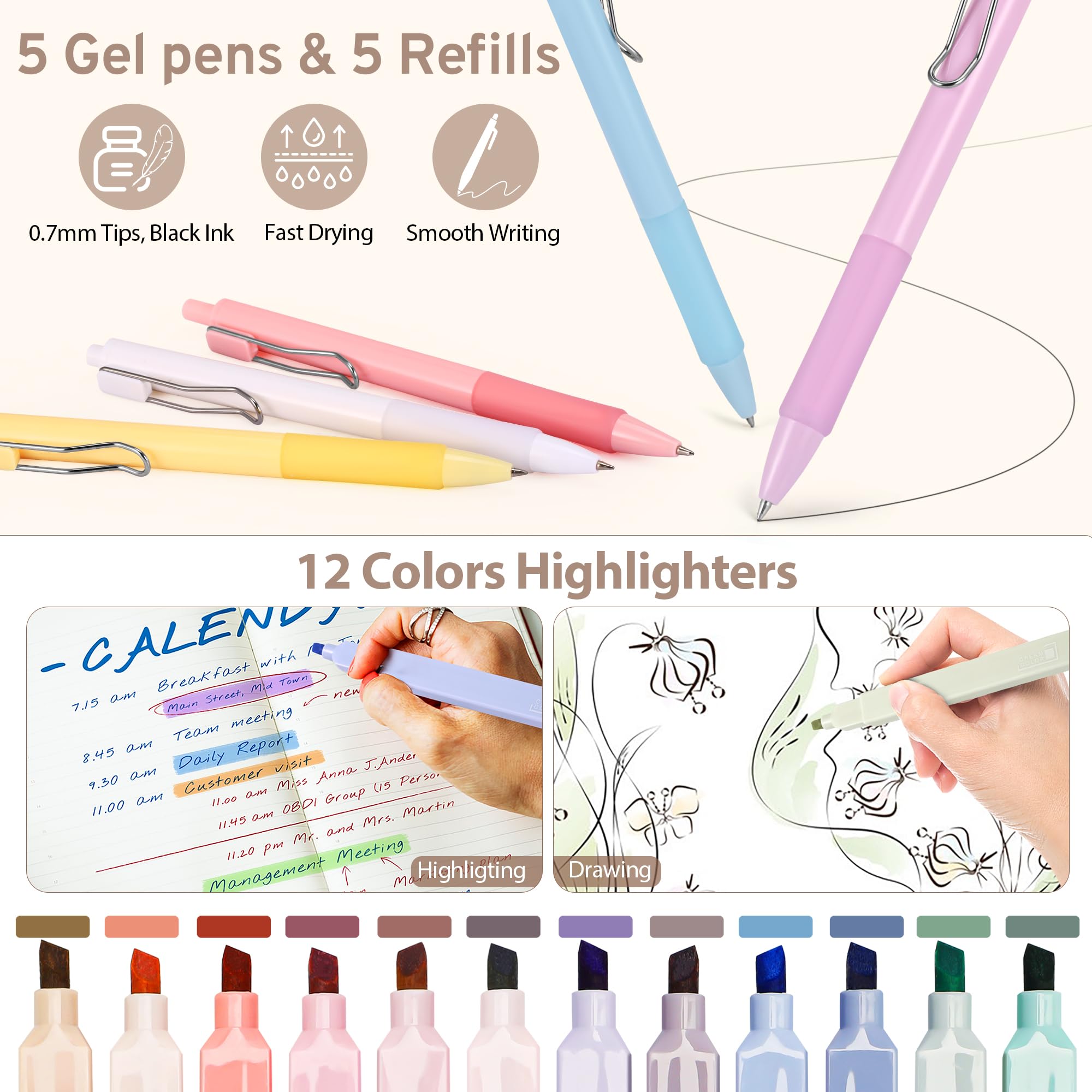 DazSpirit 62Piezas Set Papelería Estética con Estuche Plegable, 12 Resaltadores Pastel, 4 Bolígrafos Borrables, 5 Bolígrafos Gel, 6 Portaminas – Suministros Escolares para Niñas y Adolescentes (Rosa)