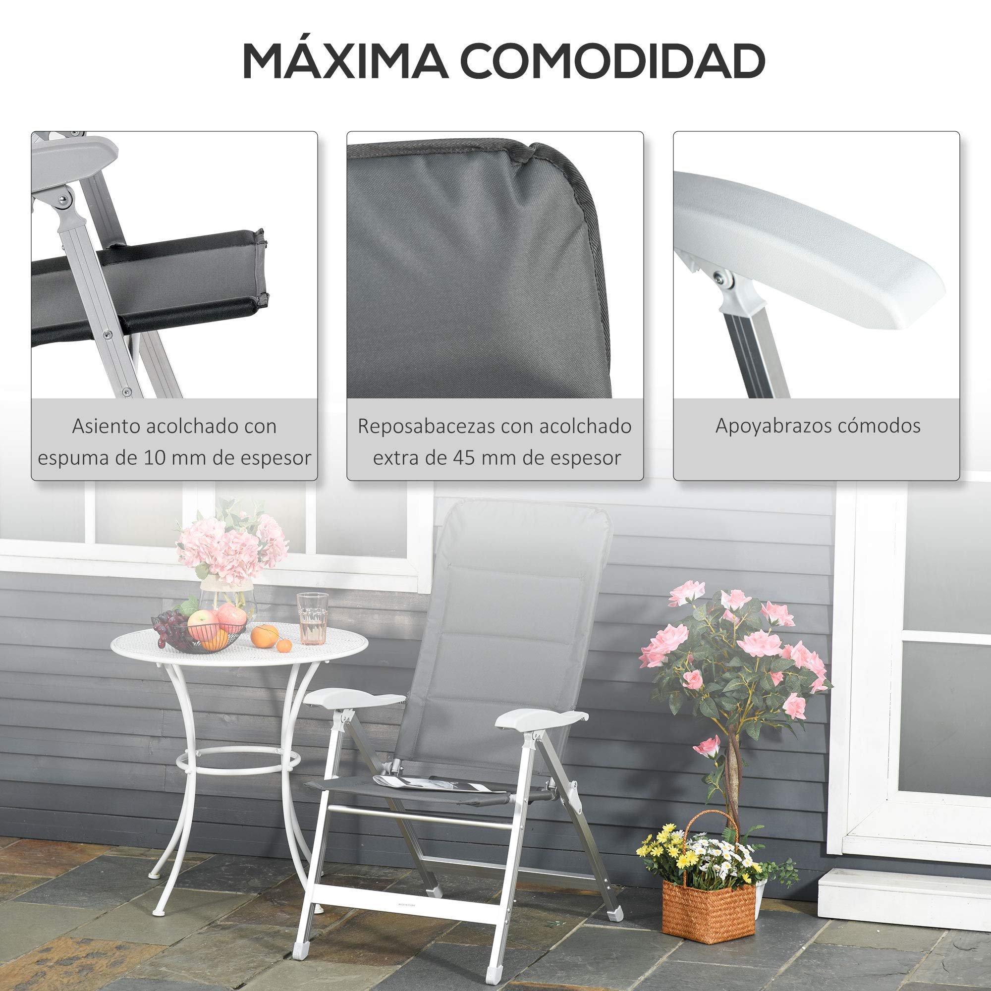 Outsunny Silla de Jardín Plegable Portátil de Aluminio con Respaldo Alto Ajustable en 8 Posiciones y Reposacabezas Acolchado para Exterior Terraza Camping 75x61,5x115 cm Gris