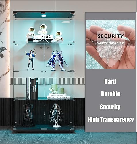 Miniatura 169 de Vitrina de cristal con 4 estantes con tira de luces LED y cerradura, vitrina de vitrina con ruedas y 1 puerta, vitrina de vidrio templado para sala