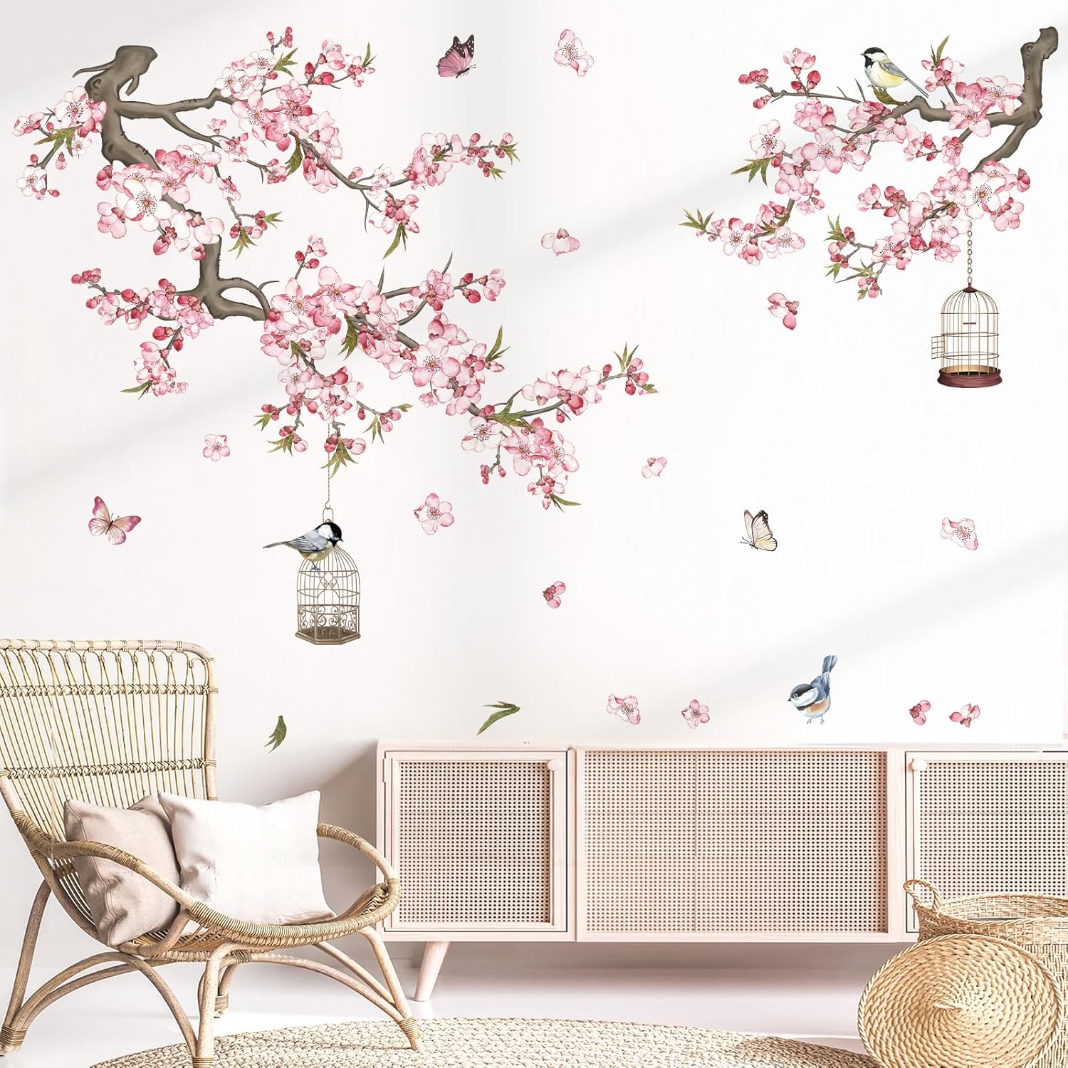 wondever Cherry Blossom Wall Stickers Pink Flowers Tree Branch Peel and Stick Wall Art Decals for Baby Nursery Bedroom