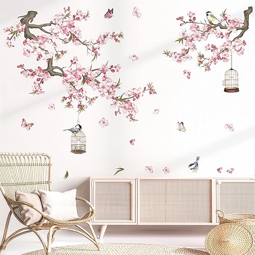 Miniatura 3 de wondever Pegatinas de pared de flores de cerezo, flores rosadas, ramas de árbol, calcomanías artísticas para pared para habitación del bebé