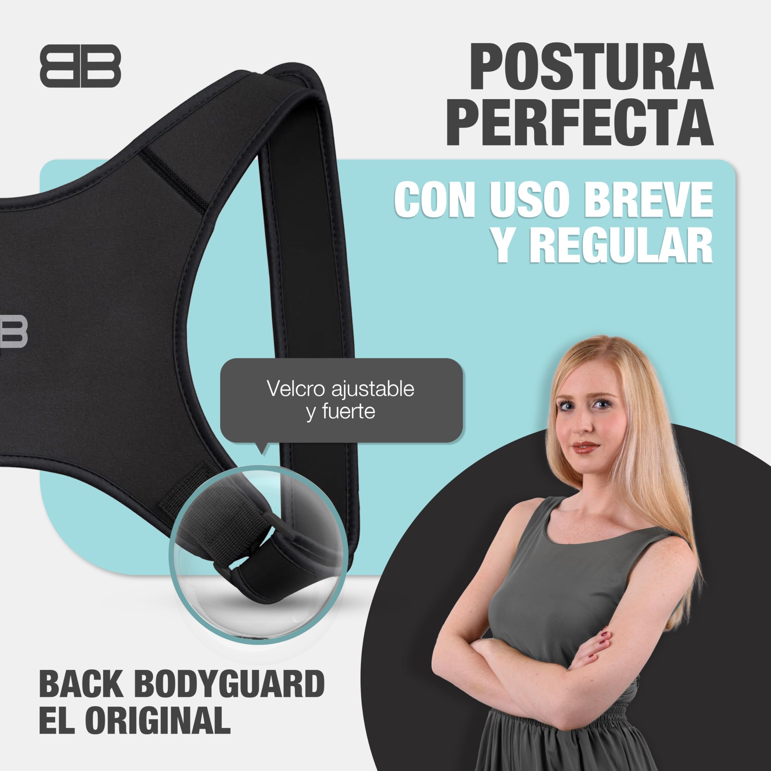 BACK BODYGUARD: arnés ajustable - neopreno transpirable, Negro, L | Negro, talla L, posible intercambio, lavable a máquina