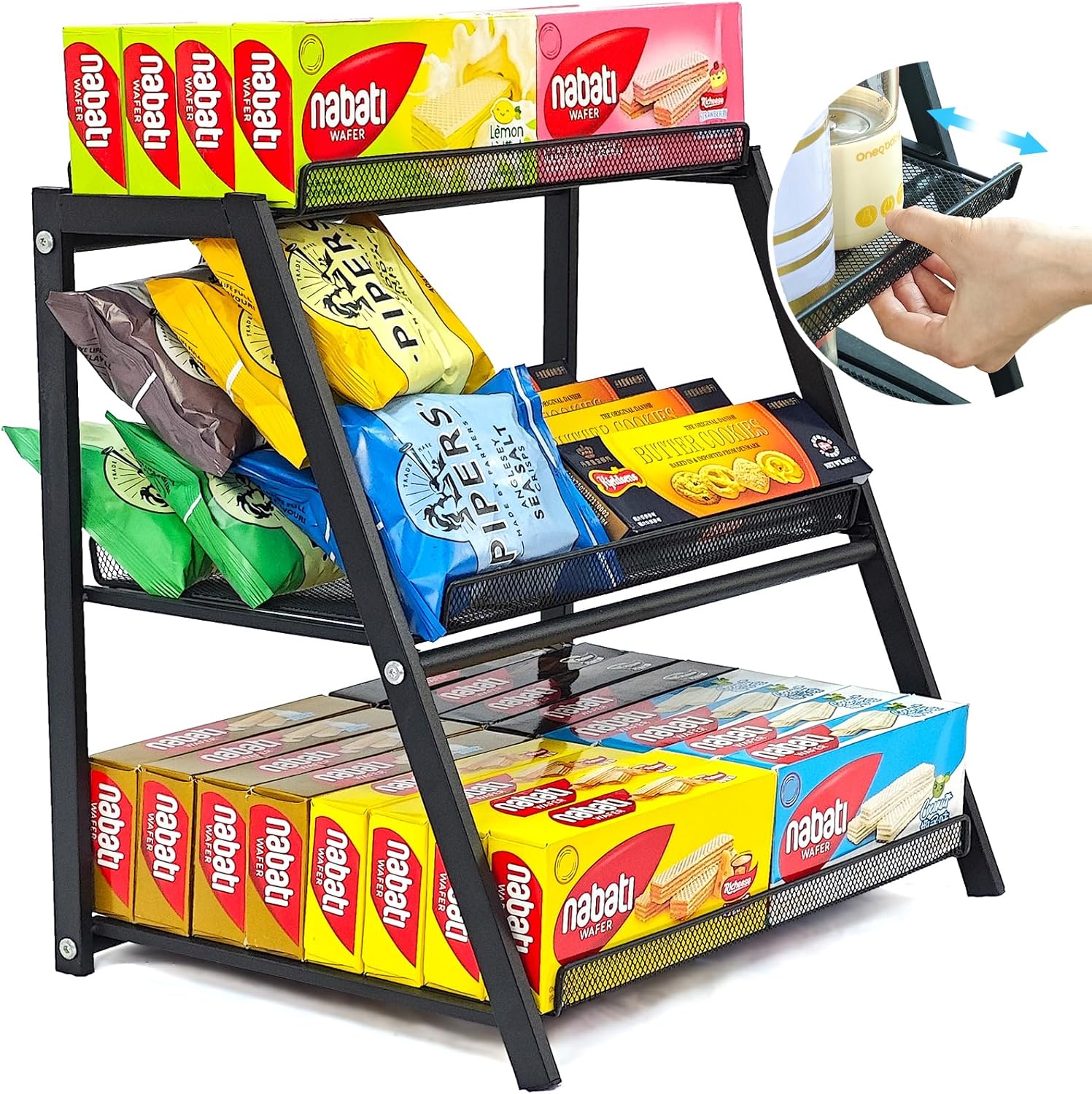 Candy Display Rack with Pull-out Tray, 3-Tire Snack Organizer for Countertop Concession Stand, Metal Snack Display Retail Display Shelf for Store Movie Theater, Chip Bag Holder, Cupcake Display Stand A Type