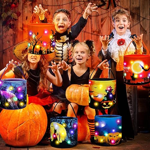 Miniatura 3 de Teling 6 bolsas de dulces de calabaza con luces LED para Halloween con luces LED para Halloween, bolsa de regalo reutilizable para suministros de