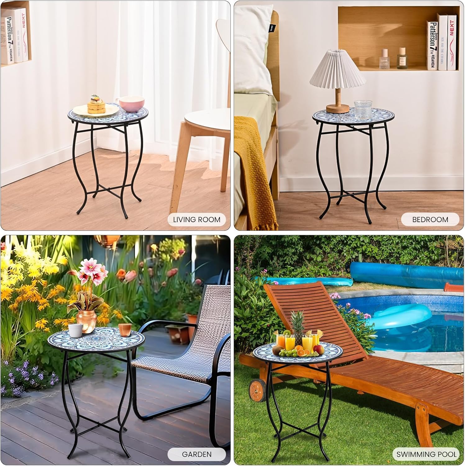 Round Side Table, 14” Patio Accent Weather Resistant Metal Side Table for Livingroom Patio Balcony Yard Porch Garden, Indoor Outdoor Small Plant Stand