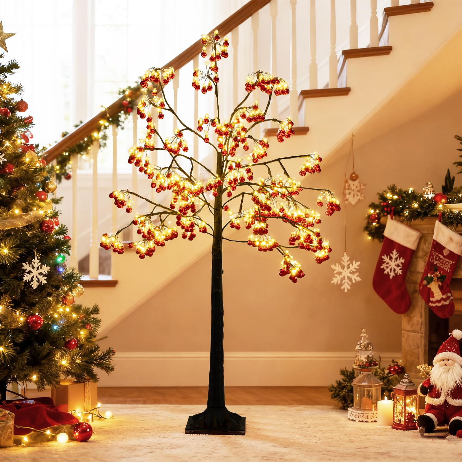 COSTWAY 150 cm Arbre Artificielle Lumineux, 384 Boules Rouges, Sapin de Noël, 480 LED Blanc Chaud, Branches Flexibles, Piquets de Sol, Noel Decoration Exterieur Interieur