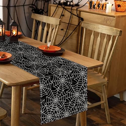 Miniatura 4 de Camino de mesa de Halloween, tela de araña, lino negro, caminos de mesa para vacaciones de temporada, interiores y exteriores, cocina, comedor,