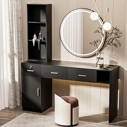 Barber Salon Station for Hair Stylist, Salon Wall Mount Station with Barber Cabinet and Barber Desk, Hair Salon Stations Equipment with Holders, Drawers, Beauty Station Without Mirror (Black)