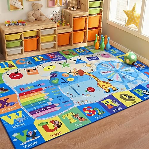 Kids Rugs for Playroom Washable, Educational and Fun Learning Rugs with ABC Alphabet Animals Shapes, Baby Toddler Children's Play Mat for Bedroom Classroom Nursery, 5x7 Feet, Blue