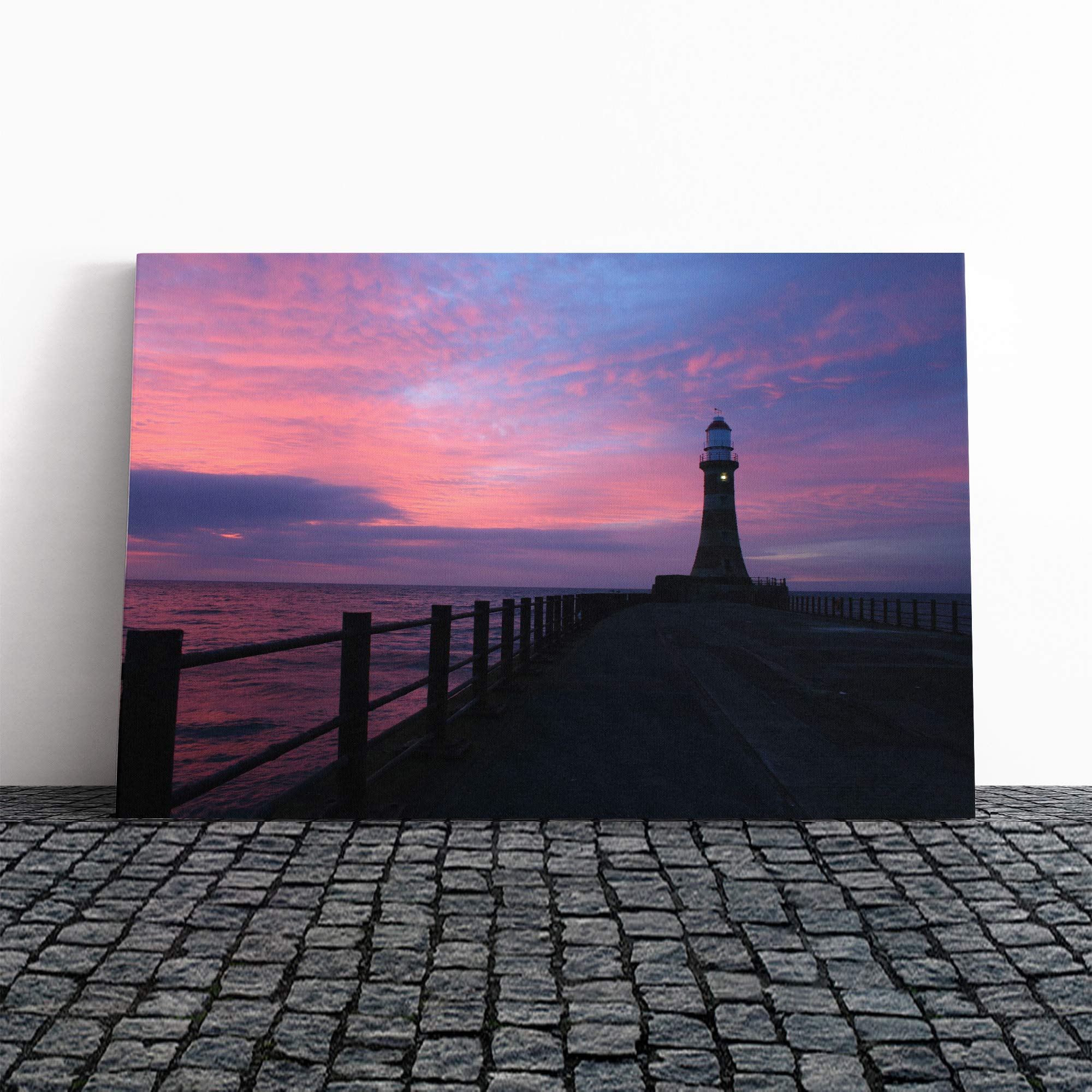Seascape Pier Jetty Sea Lighthouse Canvas Print | Gallery Wrapped 30mm Frame Wall Art | 24x16 inches | Ready to Hang | Modern Seascape Picture | Living Room Bedroom Lounge Office
