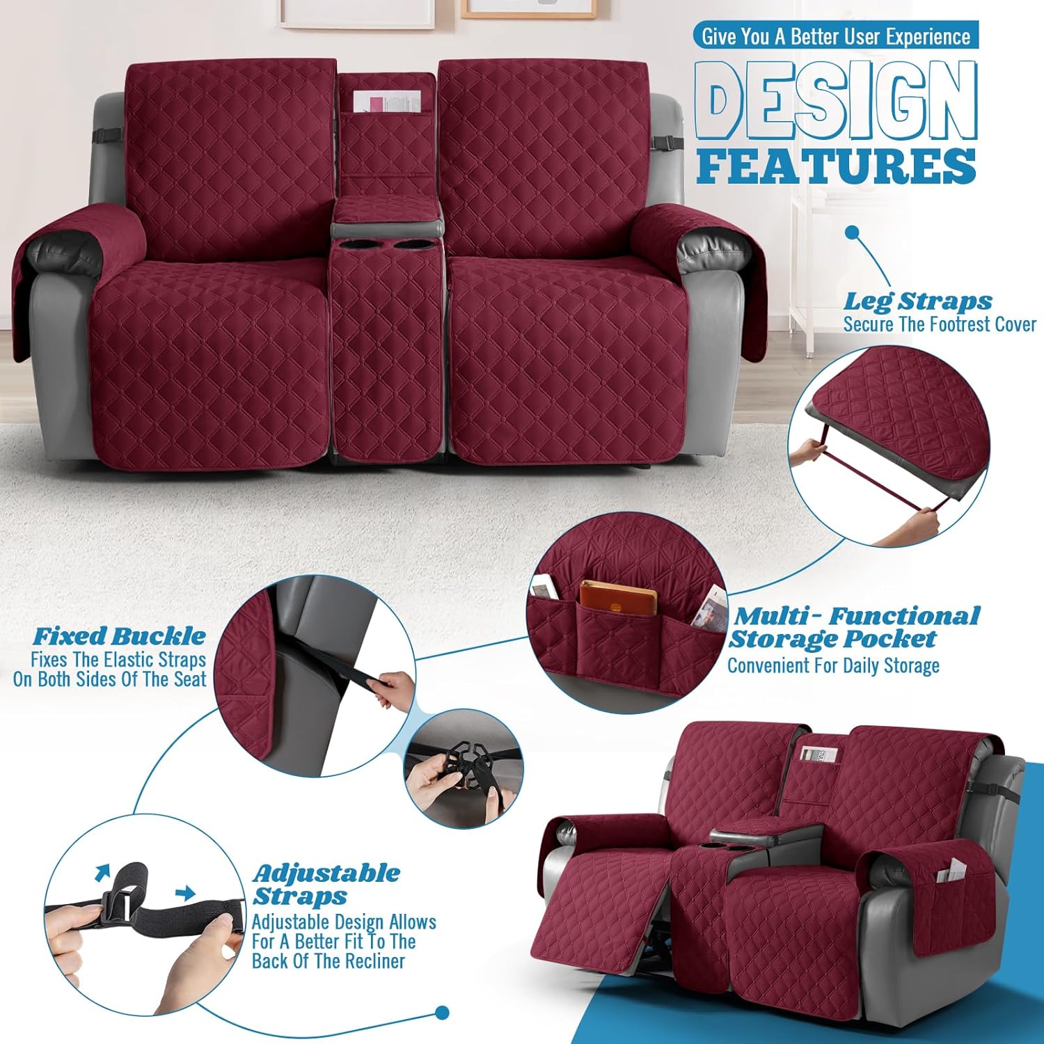 TAOCOCO 100% Waterproof Loveseat Recliner Cover with Center Console, Reversible Reclining Couch Cover for 2 Seats with Leg Straps, Washable Split Sofa Cover Protector for Pets Kids (Wine)