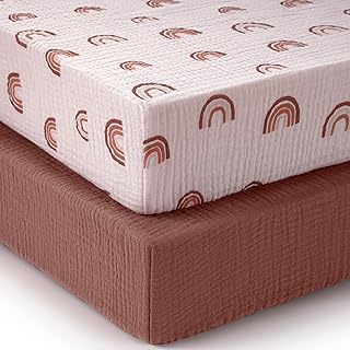 Muslin Crib Sheets Girl, Cotton Neutral Crib Sheet for Baby Girls and Boys, Fitted for Standard Crib Mattress & Toddler Bed Mattress (52"x28"), Soft and Breathable, 2 Pack (Rainbow&Cedar)