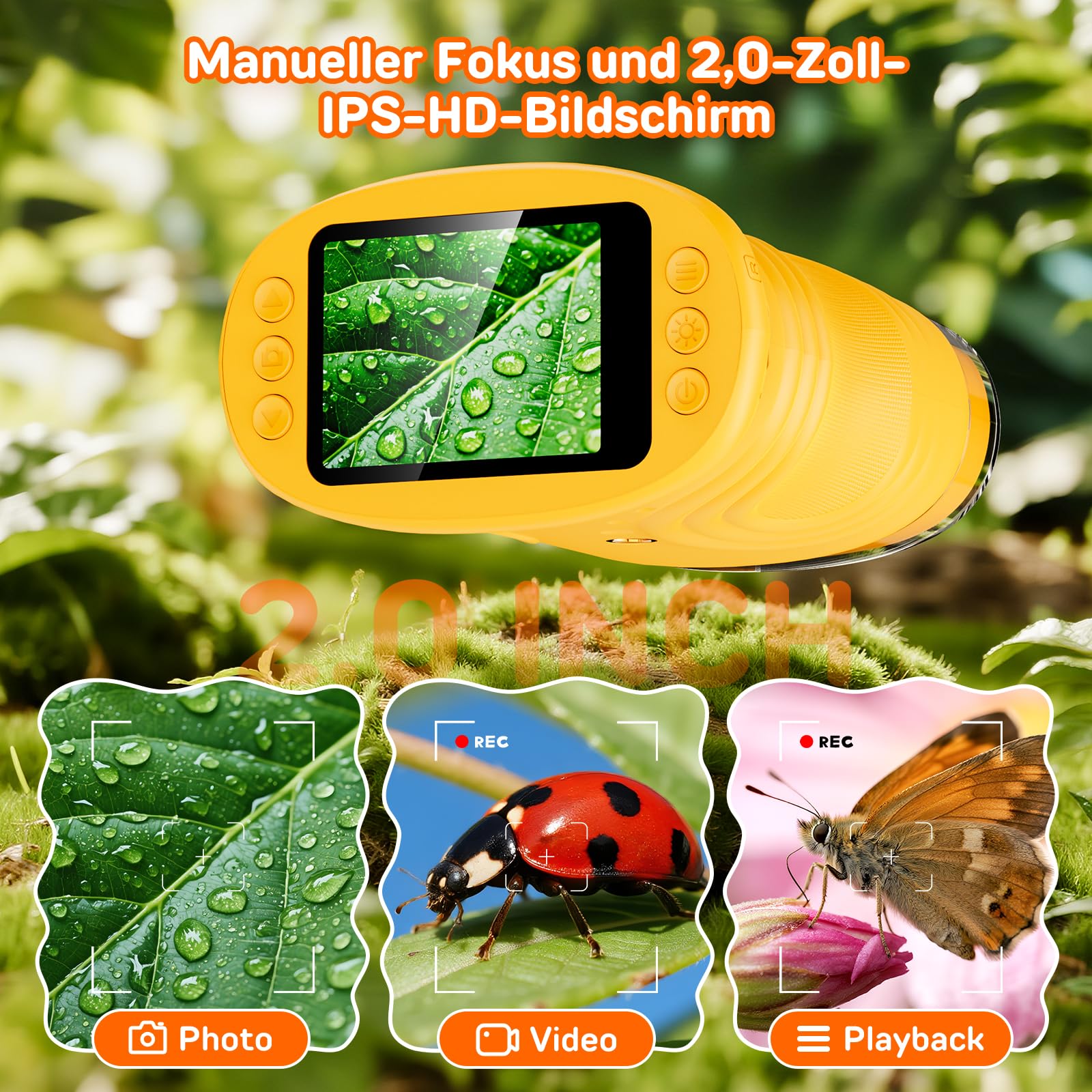 Ashfly Digitale Mikroskop für Kinder, [1000-fache Vergrößerung] -4K Tragbares Taschenmikroskop für Garten, Wald & Experimente, Kindermikroskop mit HD-2.0" Bildschirm [inkl Fotofunktion] ab 3 Jahren