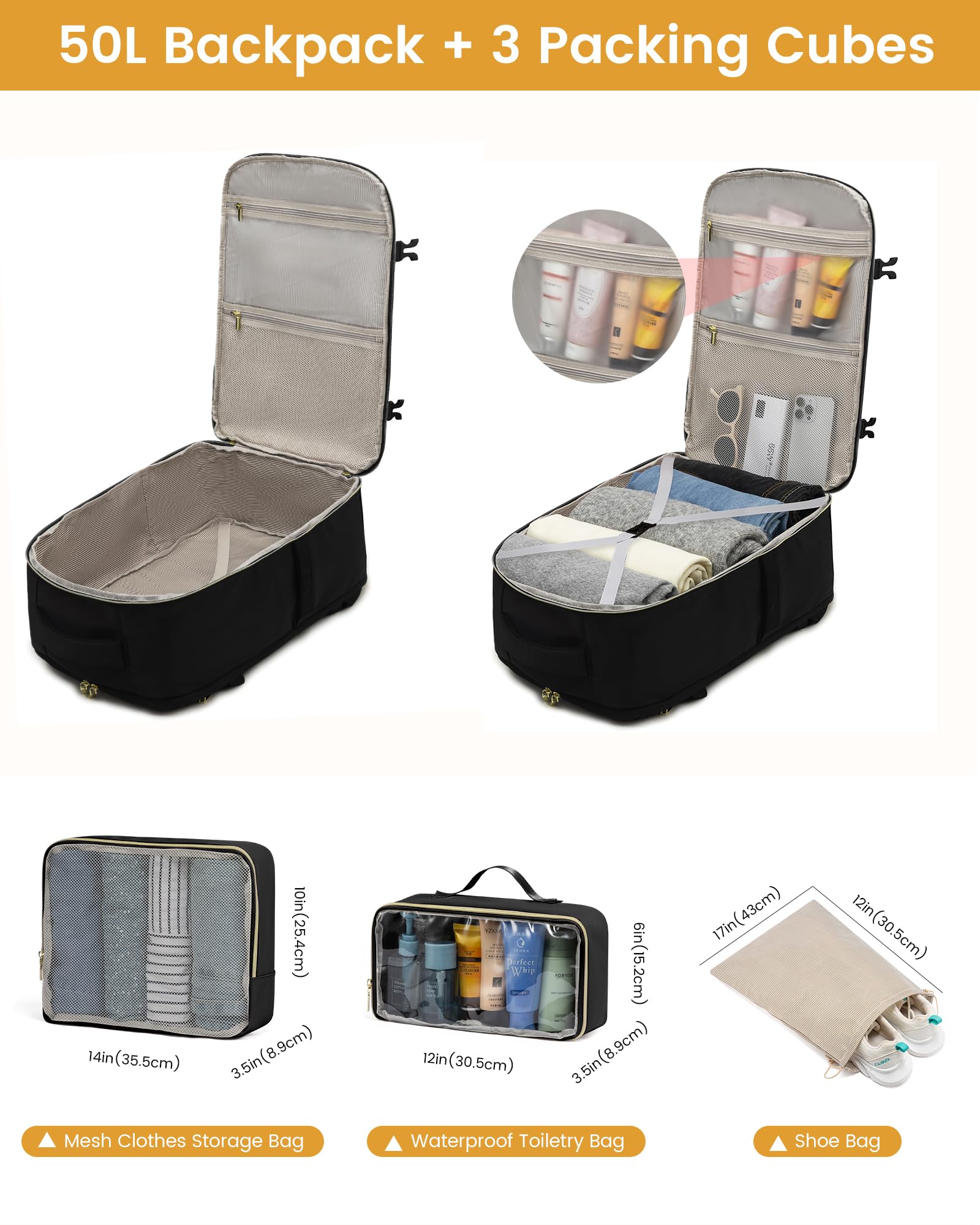 LOVEVOOK Zaino da Viaggio Aereo Bagaglio a Mano, Impermeabile Zaini Trolley Donna 50L Cabin Max per Ryanair Easyjet, Grande Zaino Porta PC 18 Pollici Valigia Borsa a Zainetto, Nero