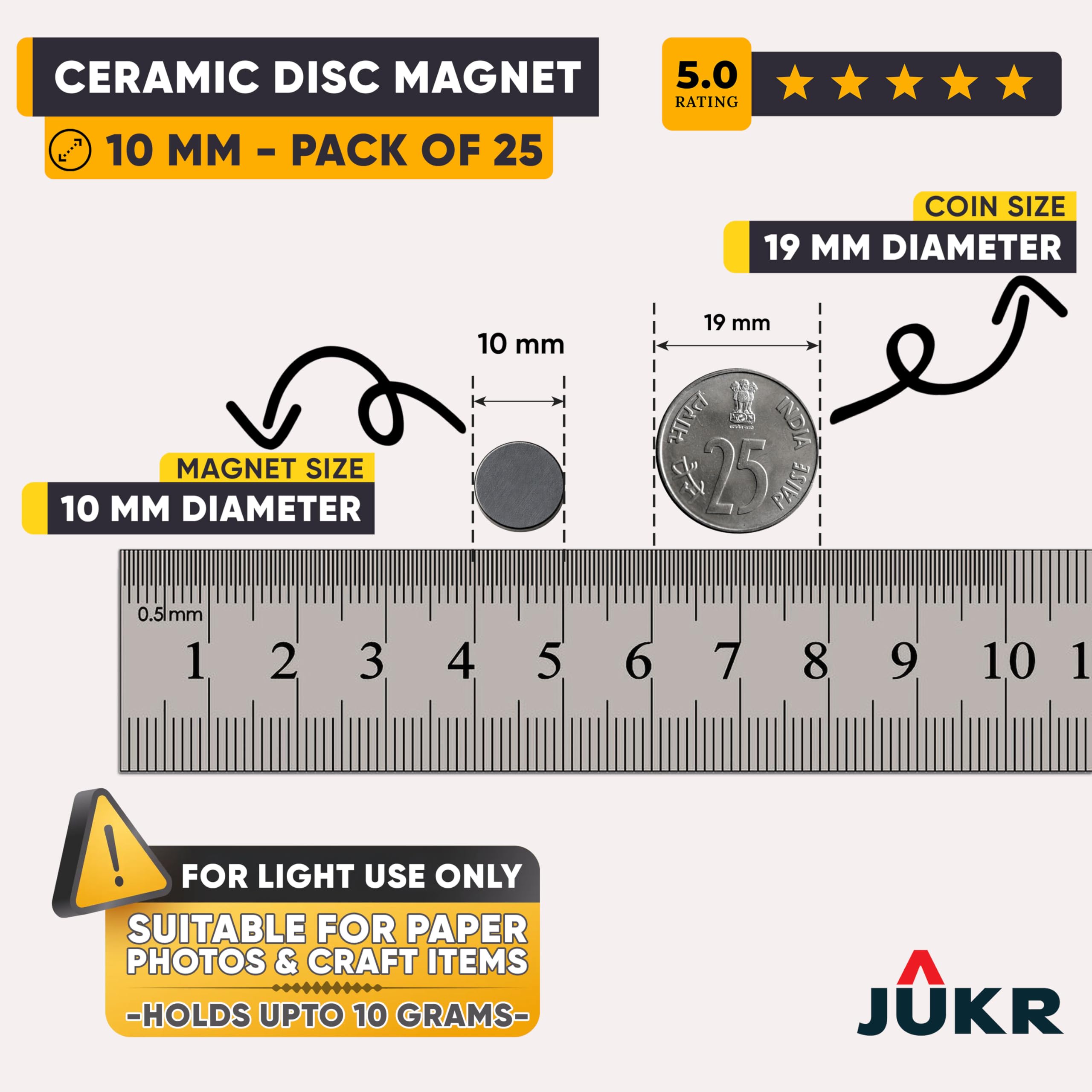 JUKR Round Disc Small Magnets Set for Boards, Art and Crafts Work, Home Improvement, Decorative Fridge Stickers & DIY School Hobby Projects, Office Boards (10 mm Diameter, 3 mm Thickness, Pack of 25) 1