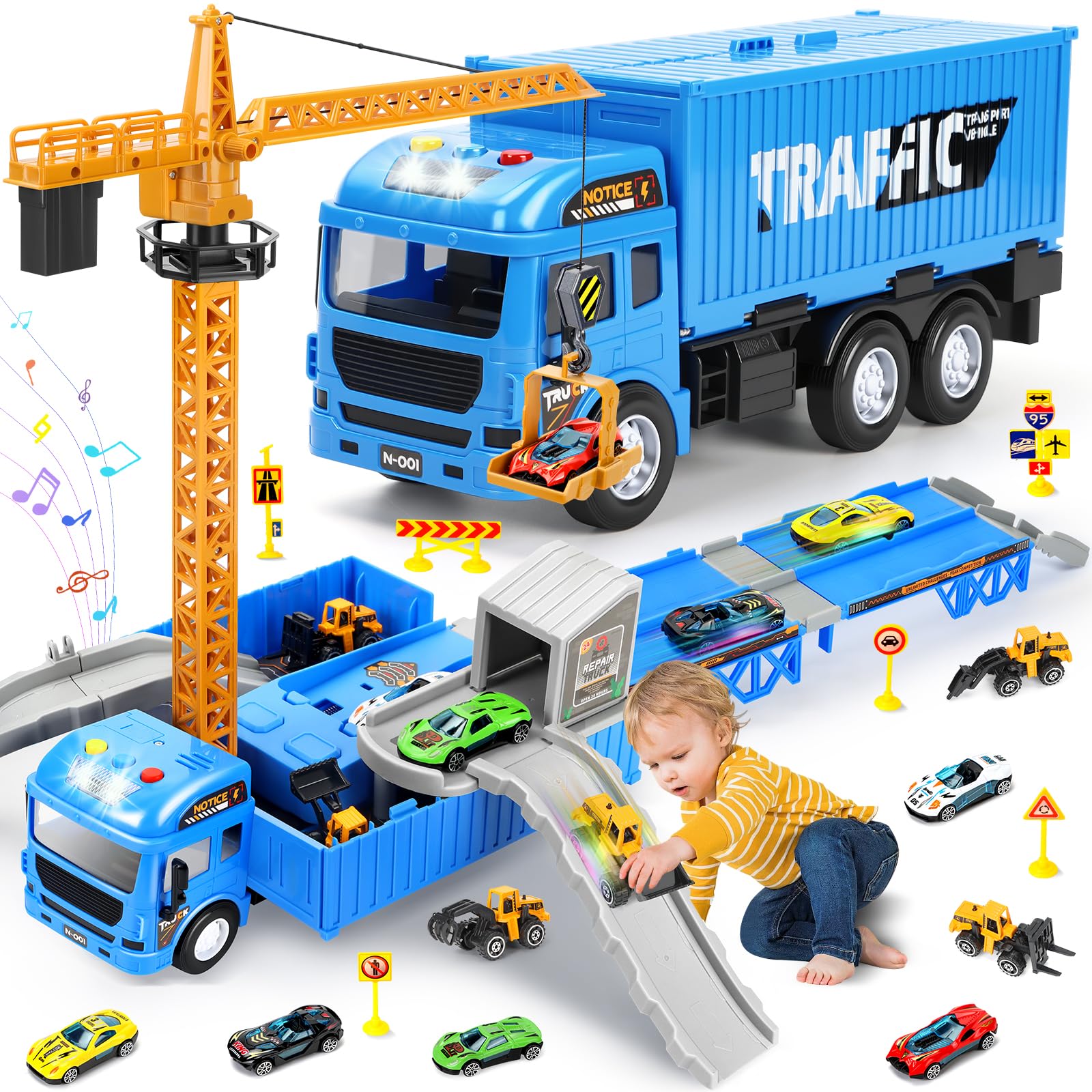 Charmofun Camión de Construcción Vehículos de Juguete, Camión de Juguete con Luces, Sonidos, Eyección Pista, Camiones Juguetes con Grúa de Juguete y 6 Mini Vehículos de Obra, Regalo para 3 4 5+ Años