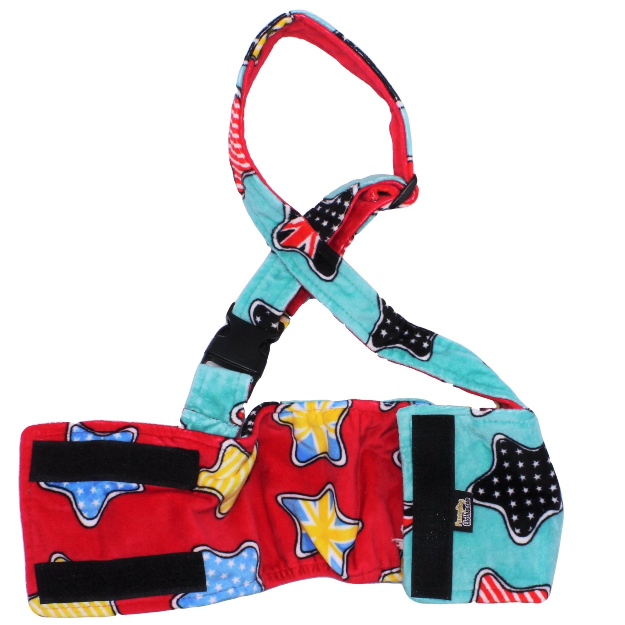Hundewindel für männliche Jungen, Bauchband, wiederverwendbar, waschbar, mit Hosenträgern, weiches Fleece (Sternrot/grün, wendbar, Größe S: Taille 25,4 cm – 33 cm)