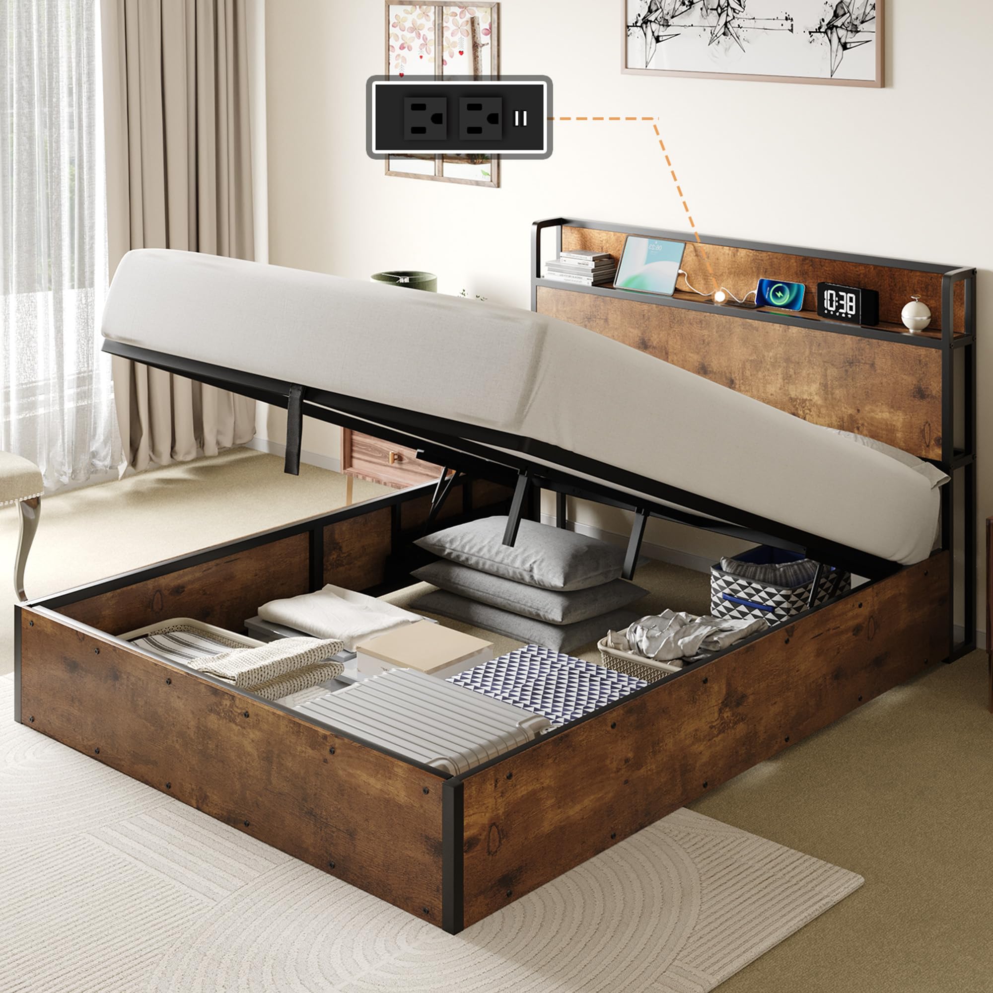 LUXOAK Bett 160x200 mit Stauraum und Hebemechanismus, Plattformbett mit Kopfteil aus Holz, Staufächern und Ladestation, Ohne Matratze (Braun, 160x200cm)