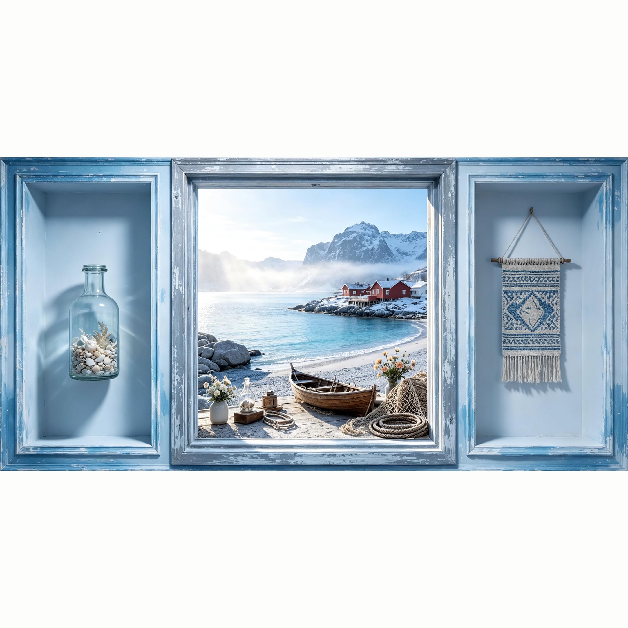 QZLITHOTIC 50x100cm 3D Framed Wall Art， Nordic Coastal Landscape Mountain Lake Boat SelfAdhesive Mural， WaterActivated Peel & Stick Fabric Decor Wall Decal for Bedroom Living Room