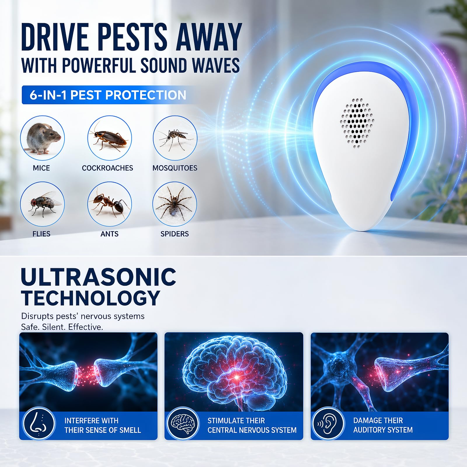 Repellente per parassiti a ultrasuoni per interni, dispositivo elettronico per topi, roditori, ragni, scarafaggi e insetti, repellente elettronico per casa, cucina, garage, ufficio, confezione da 6