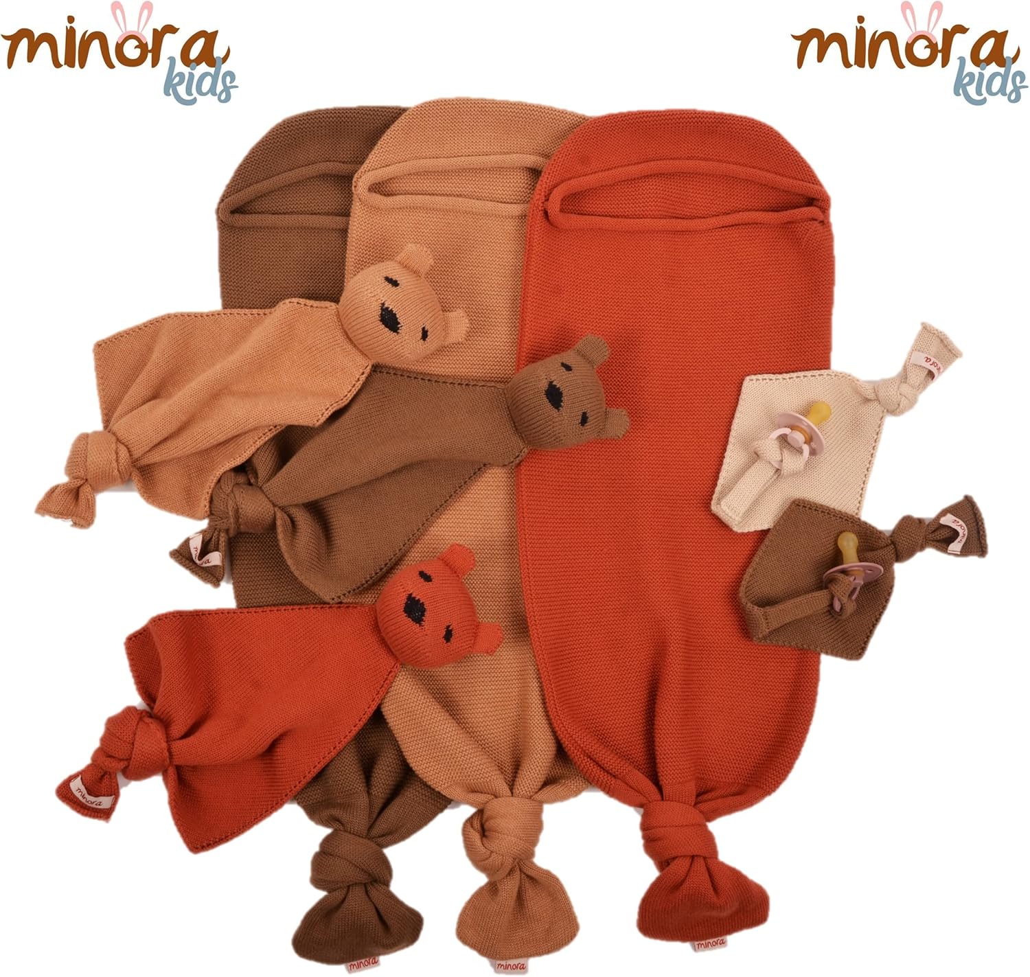 Minora Newborn Essentials Baby Swaddle Blanket Set, 1 Piece Set (1 Pacifier Holder, 1 Cocoon Swaddle Sack, 1 Teddy Bear), 0-8 Months Baby - Ochre - Image 2
