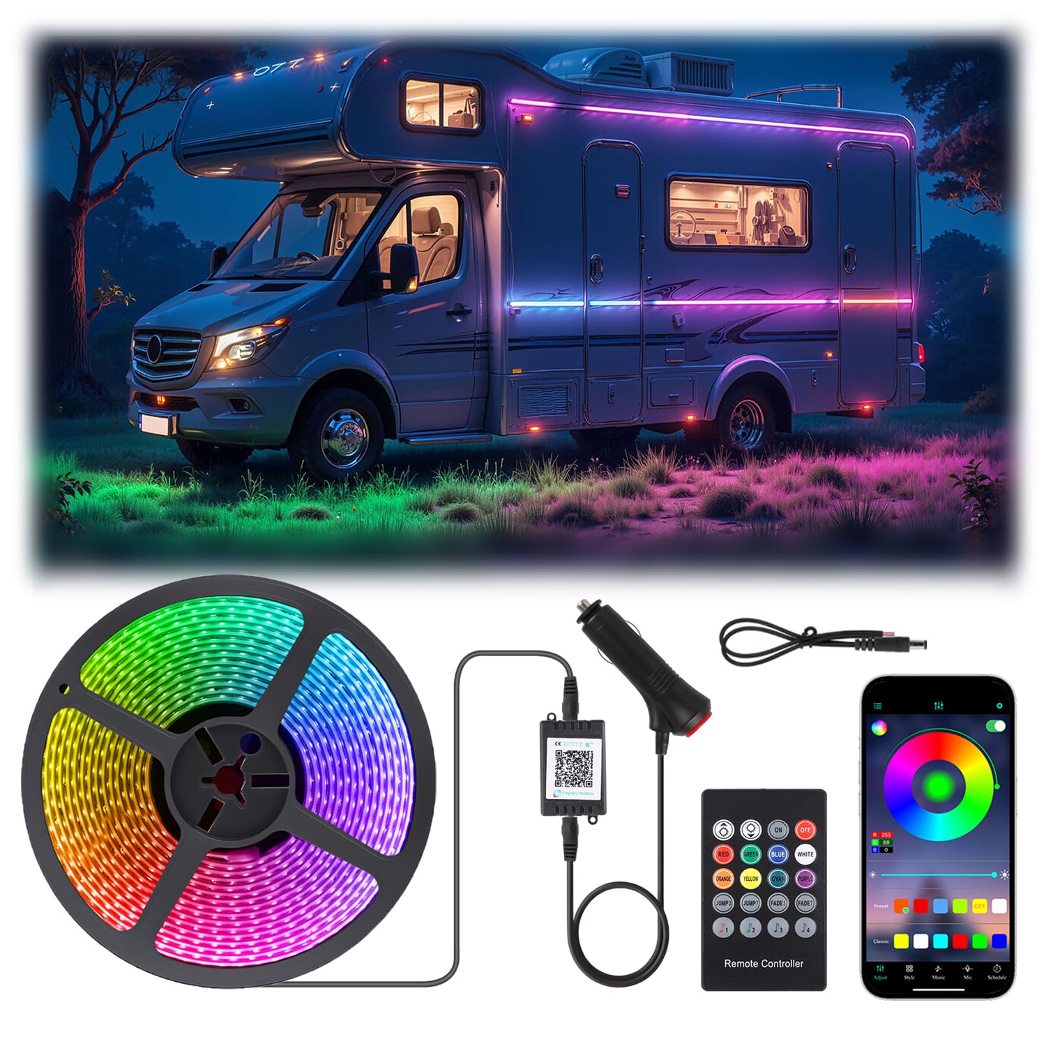 Photo 1 of 16.4FT RV Awning Lights with App / Remote Control, 12V Camper LED Light Strip with Music Sync, IP65 Waterproof Underglow LED Light Kit for Motorhome, Travel, Trailers, Outdoor Camping, Party BBQ