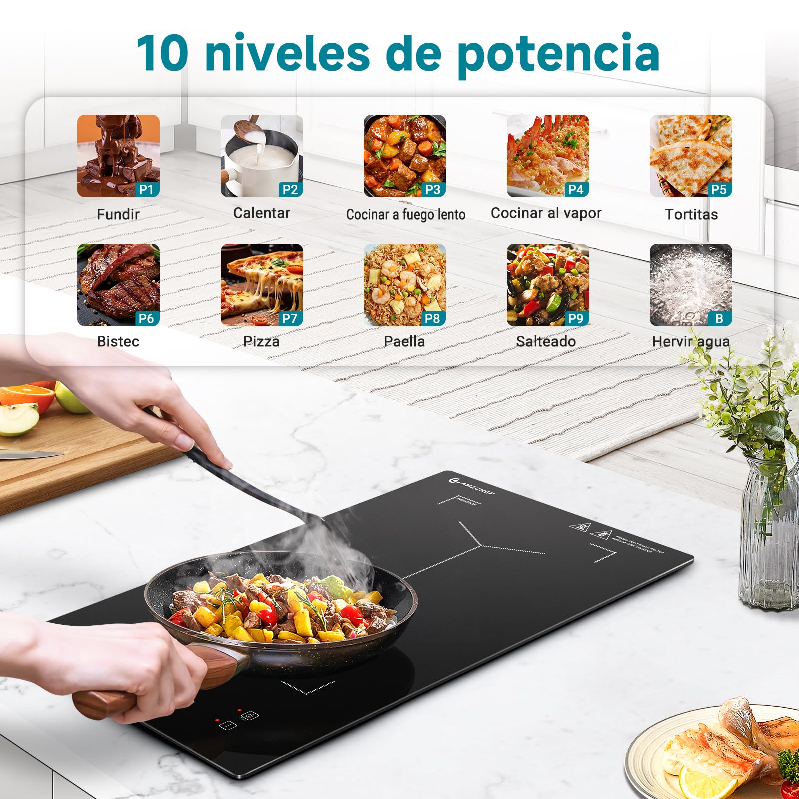 Placa de inducción con zonas flexibles, AMZCHEF placa induccion doble con 9 niveles de potencia, calentamiento intermitente, panel de control de moda, cerradura de seguridad, 3300W, negro