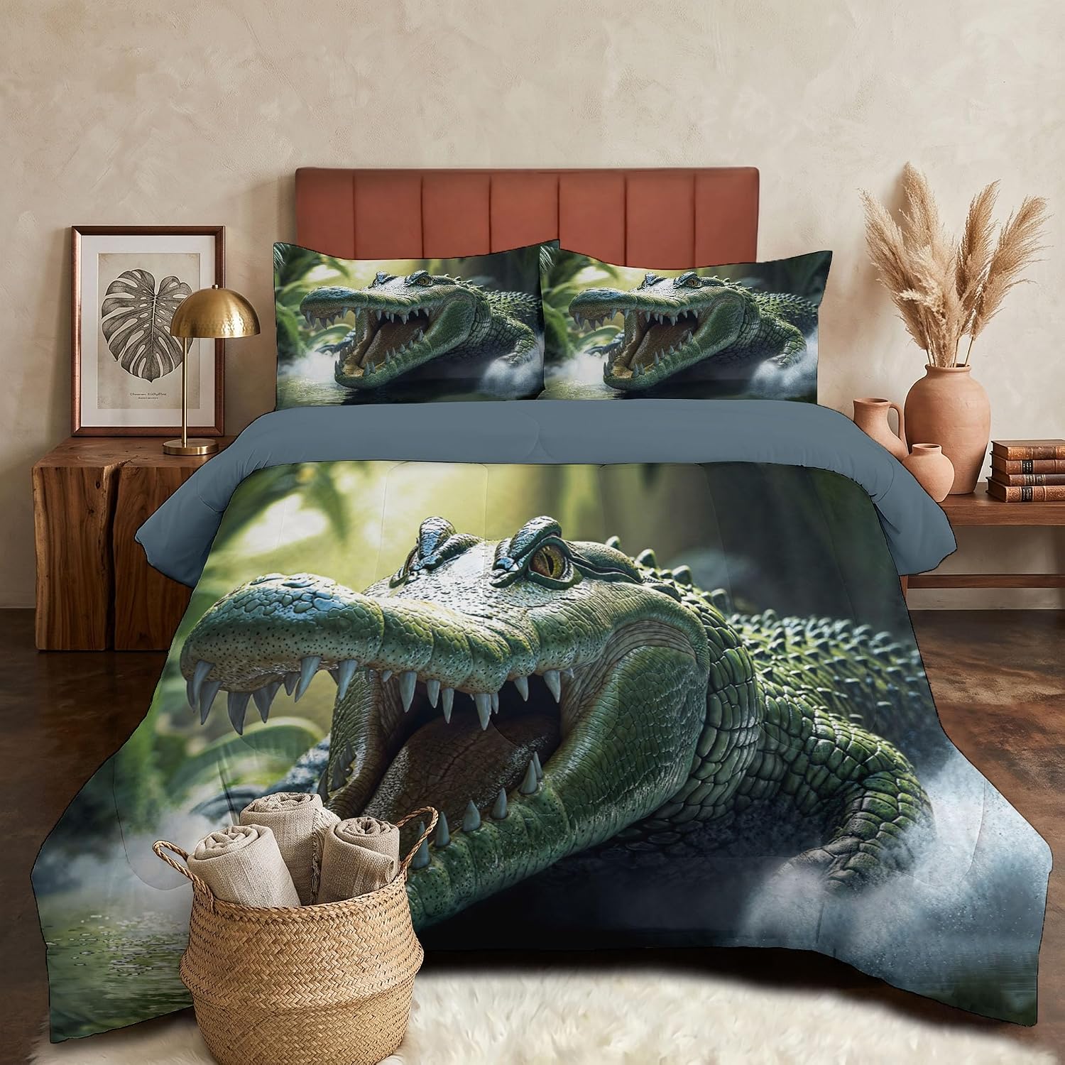 3 Piece Quilts King Size Bedding Set, Olive Green Lightweight Bedspread, Soft Microfiber, Jungle Crocodile Pattern for All Season Bed Coverlet with 2 Pillow Shams, 104"X90"