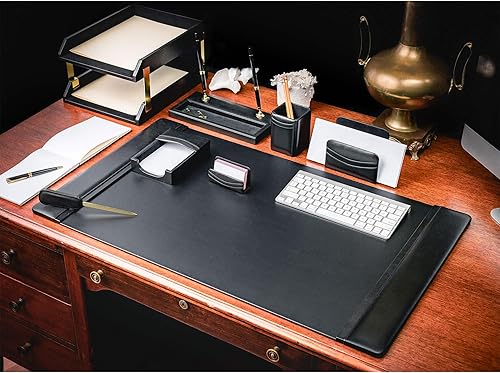 Miniatura 4 de Dacasso Juego clásico de accesorios de escritorio de cuero negro, acento dorado, elementos esenciales de organización de escritorio de 10 piezas con