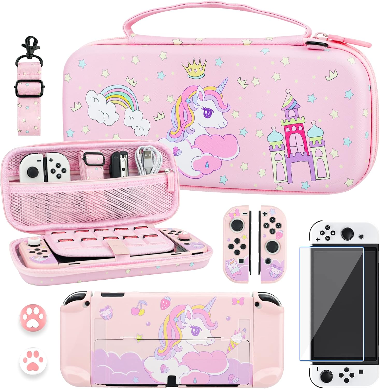 RHOTALL Cute for Carrying Case Set for Nintendo Switch OLED, Pink Storage Case for Switch OLED and Accessories with Protective Case, Screen Protector, Adjustable Shoulder Strap, 2 Thumb Caps