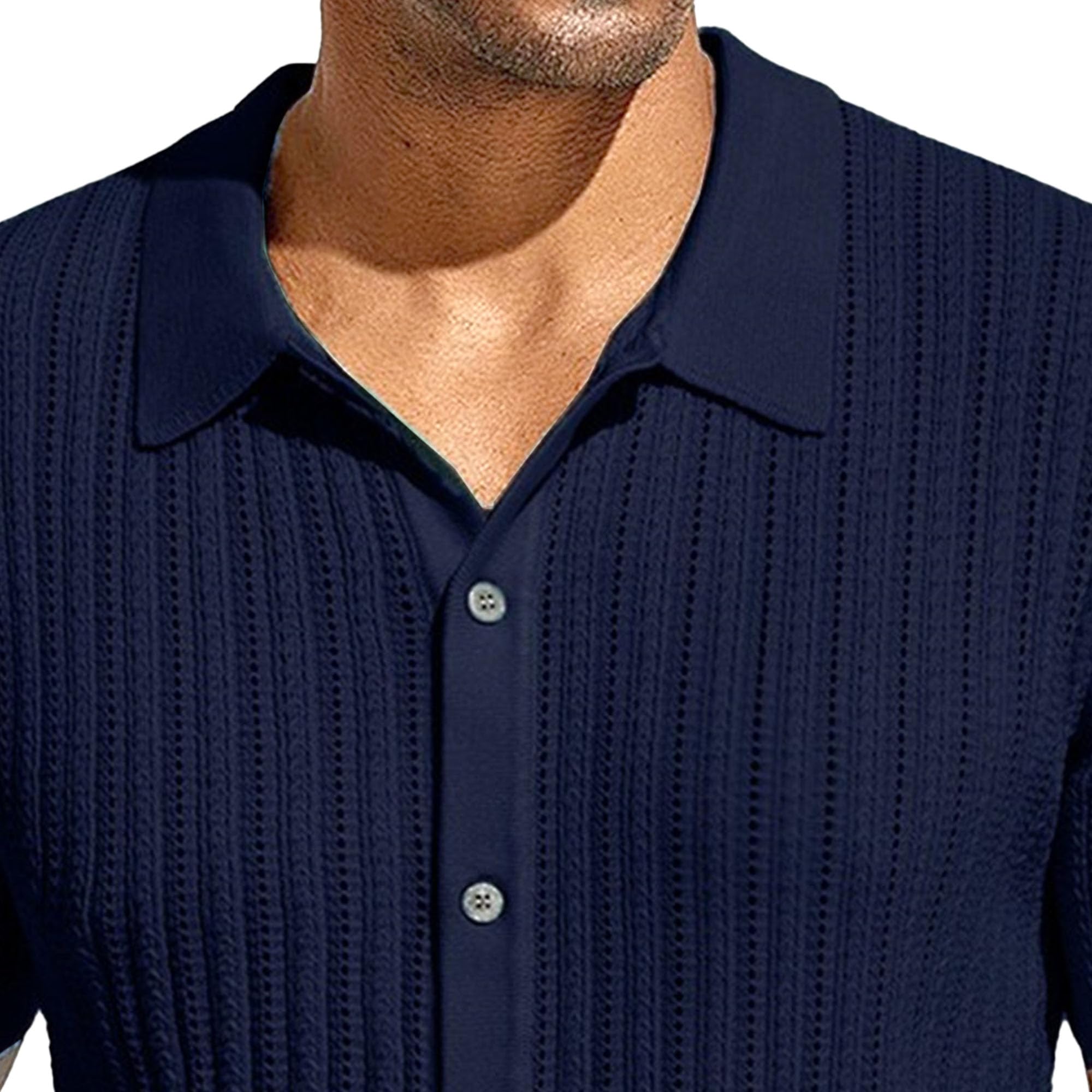 PHJTOMK Mens Knit Short Sleeve Shirts Button Down Vacation Polo Shirts Hollow Out Cuban Collar Shirt (Blue 1-1,Small)
