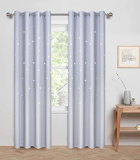 Anjee Laser Cutting Out Stars Blackout Curtains for Kids Room, Elegant Grommet Window Curtains for Room Darkening and Noise Blocking (2 Panels, W52 x L84, Greyish White)