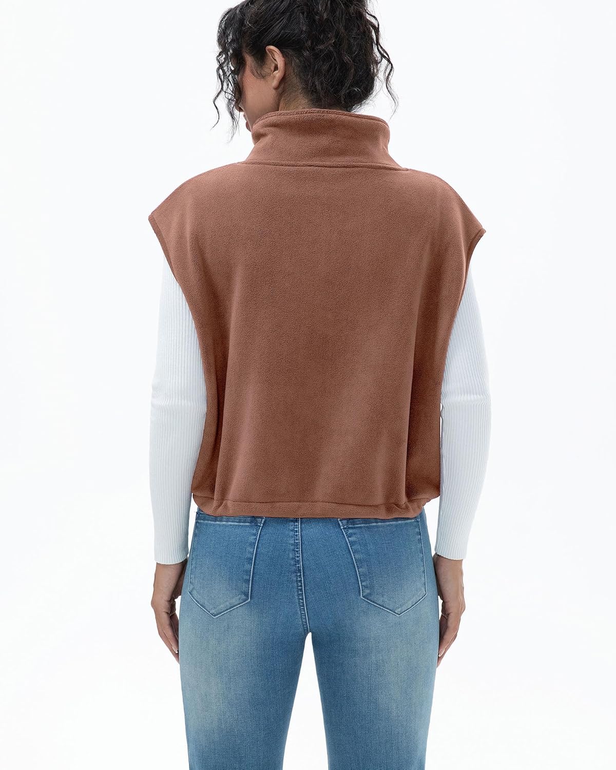 Women's Full Zip Fleece Short Vest Warm Winter Sleeveless Stand Collar Sherpa Crop Coat - Image 4