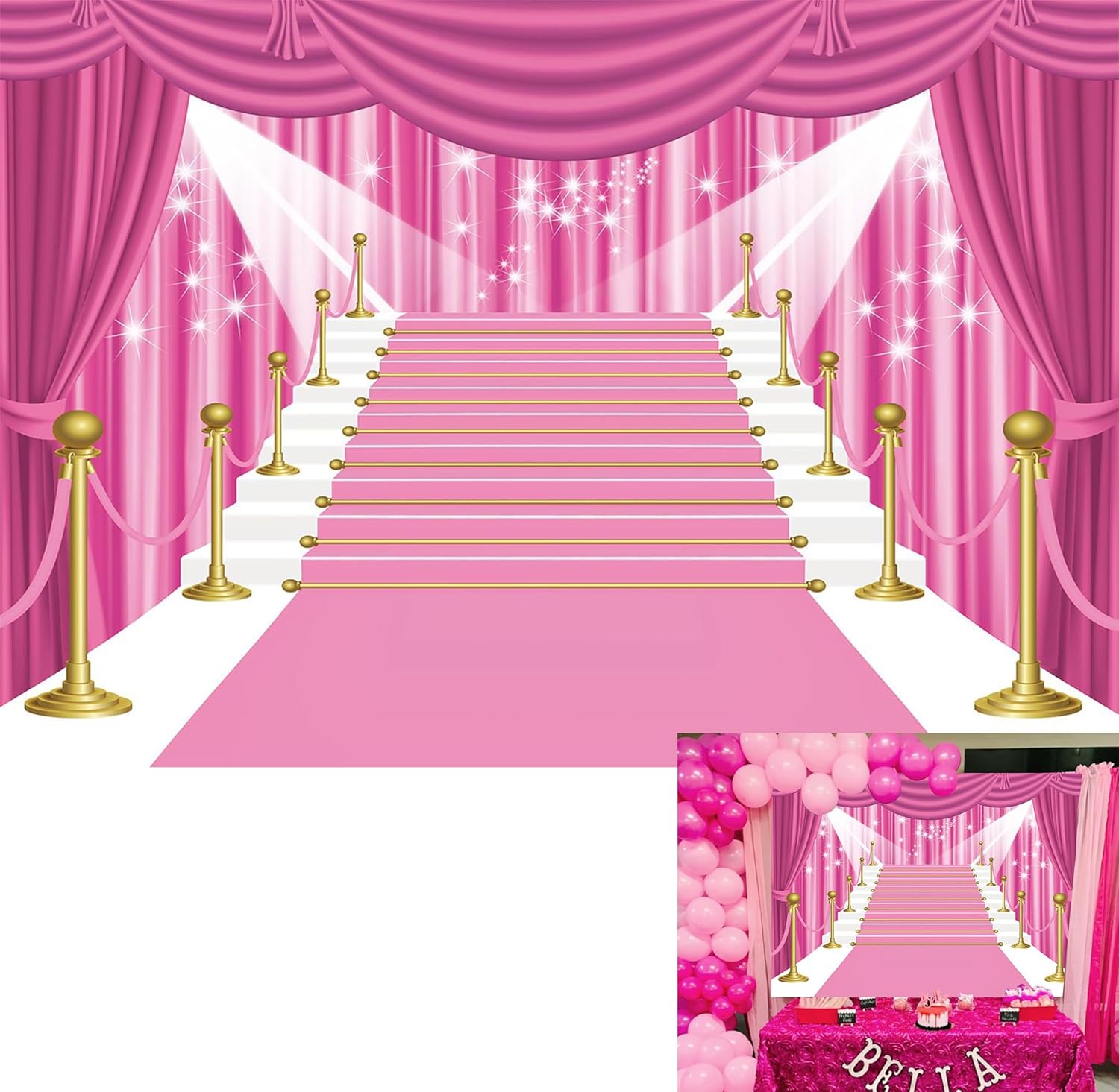 BINQOO Cortina de fondo rosa de 7 x 5 pies para baile de graduación 2025, alfombra grande, color rosa, estrellas, niña, fiesta, fotografía, fondo