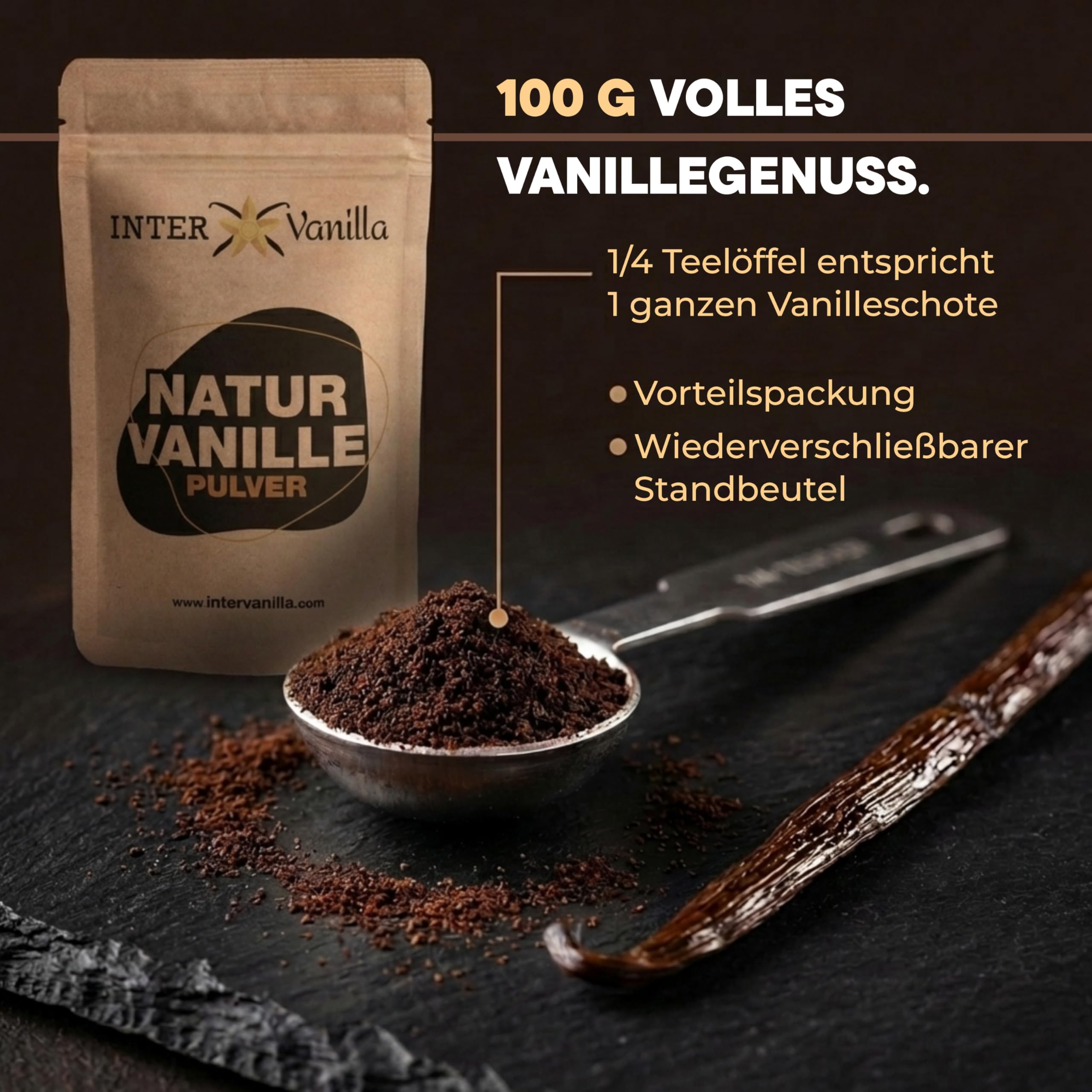 InterVanilla Natur Vanille gemahlen VANILLEPULVER, 100g aus 100% echten Premium Vanilleschoten. Vanilla bean powder. Ohne Zusätze, ohne Zucker