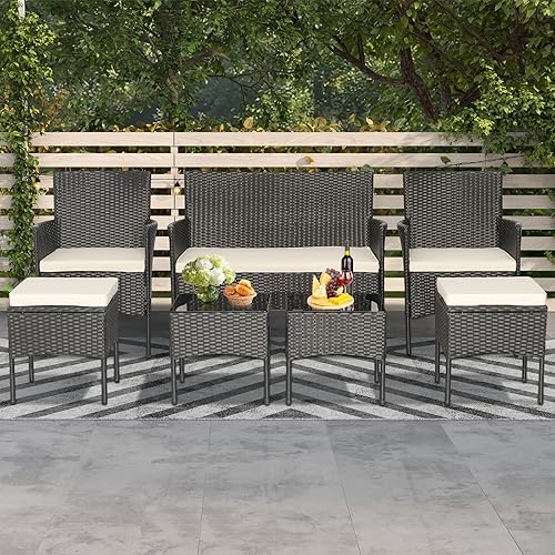 Miniatura 4 de Tangkula Juego de sofá de ratán de 7 piezas, juego de muebles de mimbre con 2 mesas laterales y 2 otomanas, marco de metal sólido, cojines suaves,