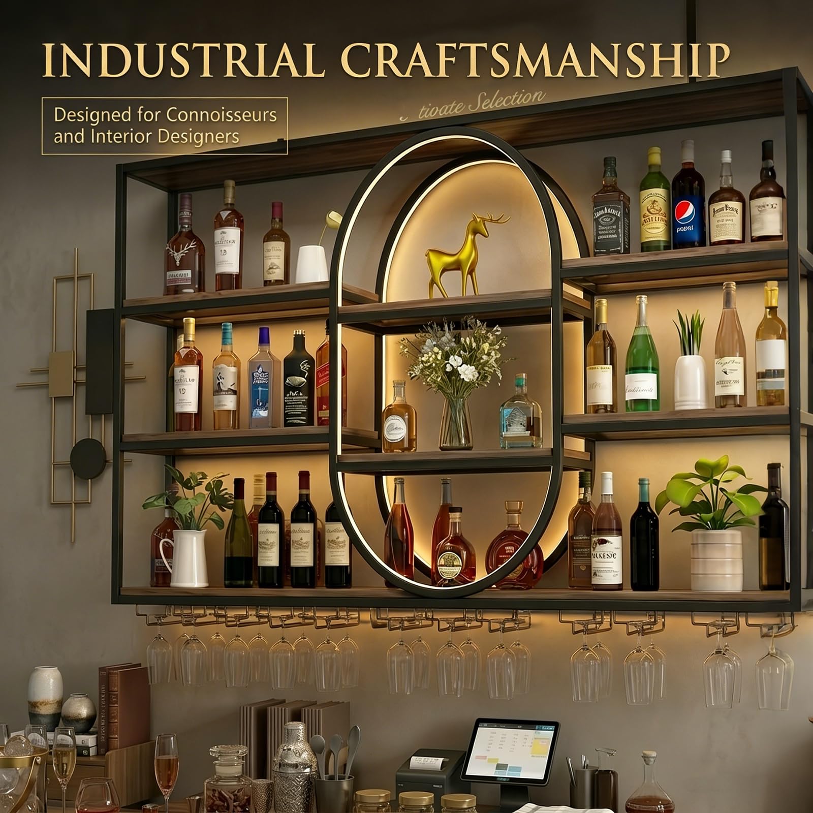 Portabottiglie da parete in metallo in stile industriale, portabottiglie a tre livelli, espositore ovale multifunzionale da parete per vino, portabottiglie sospeso (Nero, 140 * 20 * 120cm)