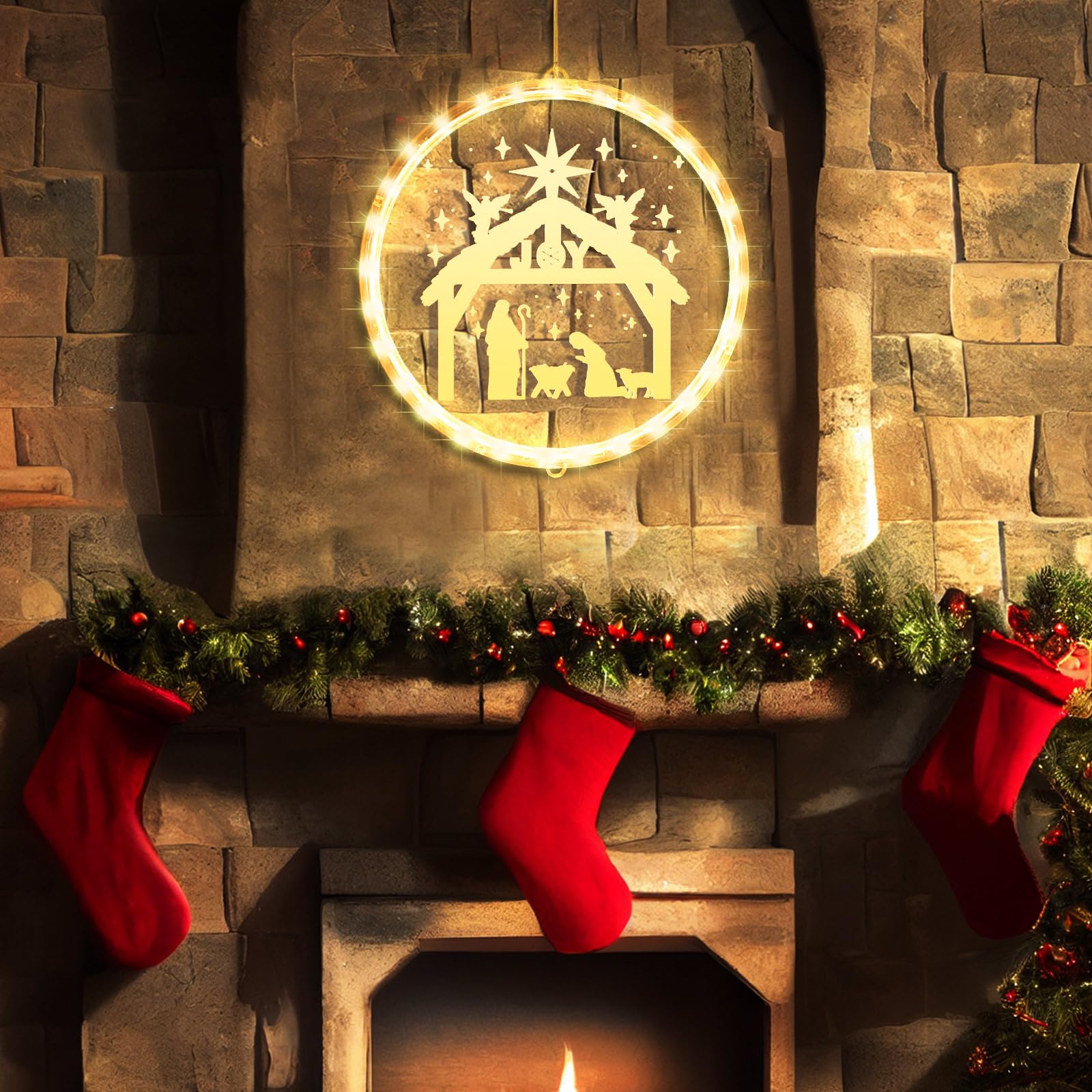 ROCEEI Luces decorativas de Navidad de 9.45 pulgadas para ventana, belén, luces colgantes, luces de Navidad, letrero de Navidad para interiores y exteriores, decoración de noche santa, letrero de