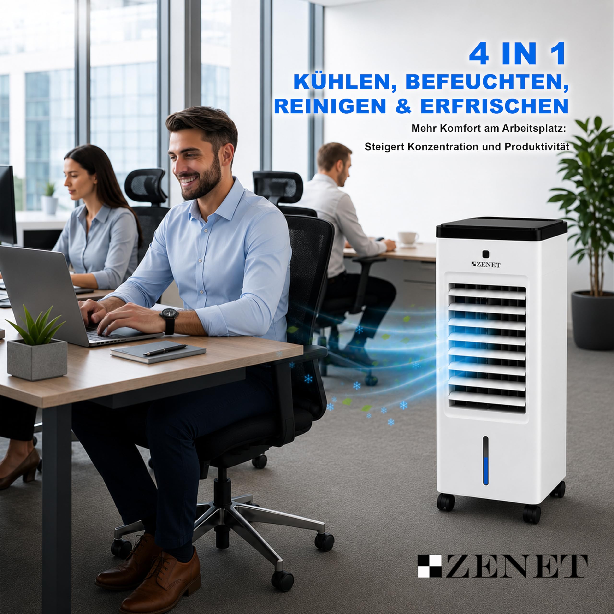 ZENET Luftkühler & Klimaanlage Mobil ohne Abluftschlauch 4-in-1 (3.5L, 65W) | Tragbare Ventilator mit Wasserkühlung, Luftbefeuchter, Luftreiniger für Zuhause, Zimmer, Büro, Timer, Fernbedienung