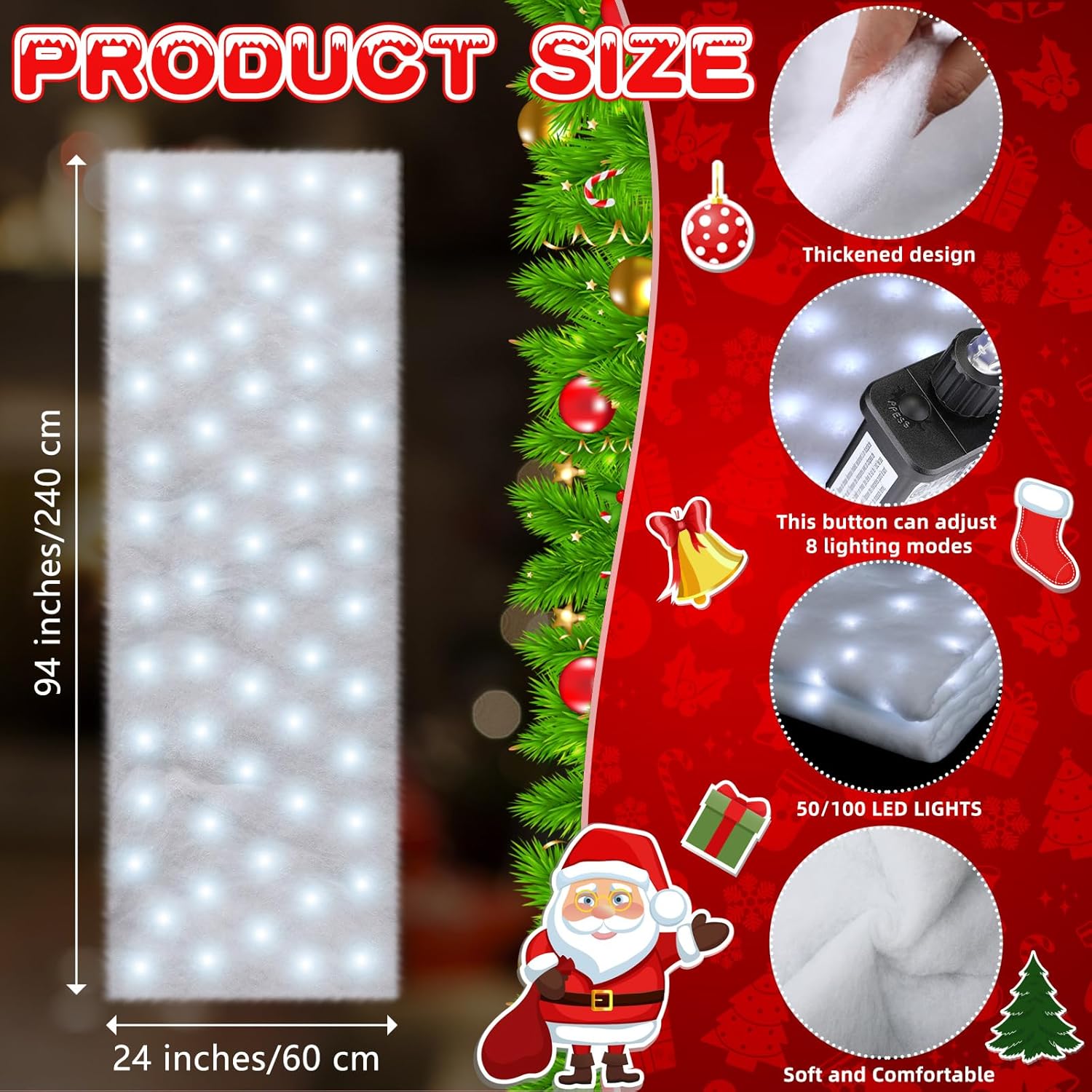 VIHOSE Christmas Snow Blanket with LED Lights String Pre Lit Artificial Fake Snow Blanket Roll Lighted Table Runner for Christmas Tree Village Display Winter Holiday Decor (White Light,94'' X 24'')