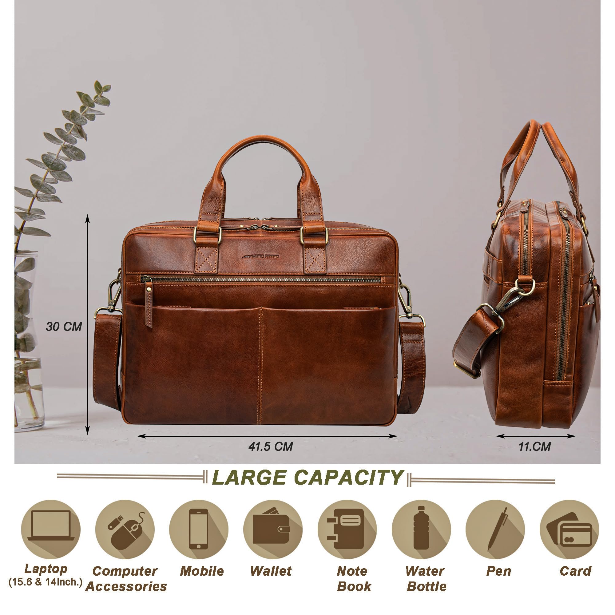 Marc Peter Laptoptasche Dallas I Leder Umhängetasche für 15.6 zoll Laptop I Aktentasche für Notebook I Tasche für Damen und Herren Buffleder
