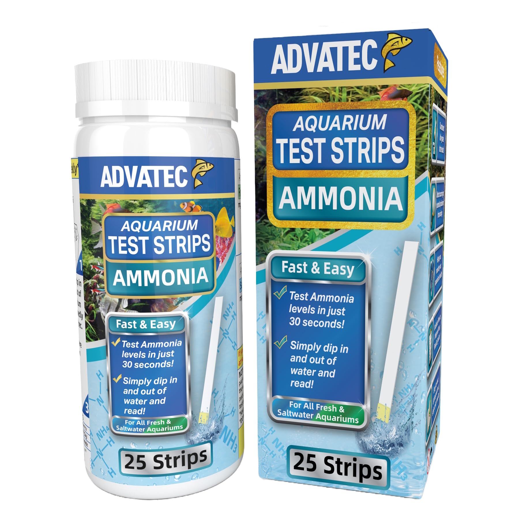 Ammonia Test Strips for Freshwater & Saltwater Fish Tanks - Testing Strips for Fresh & Salt Water Aquarium - Lab Grade Water Tester Kit - 25 Count