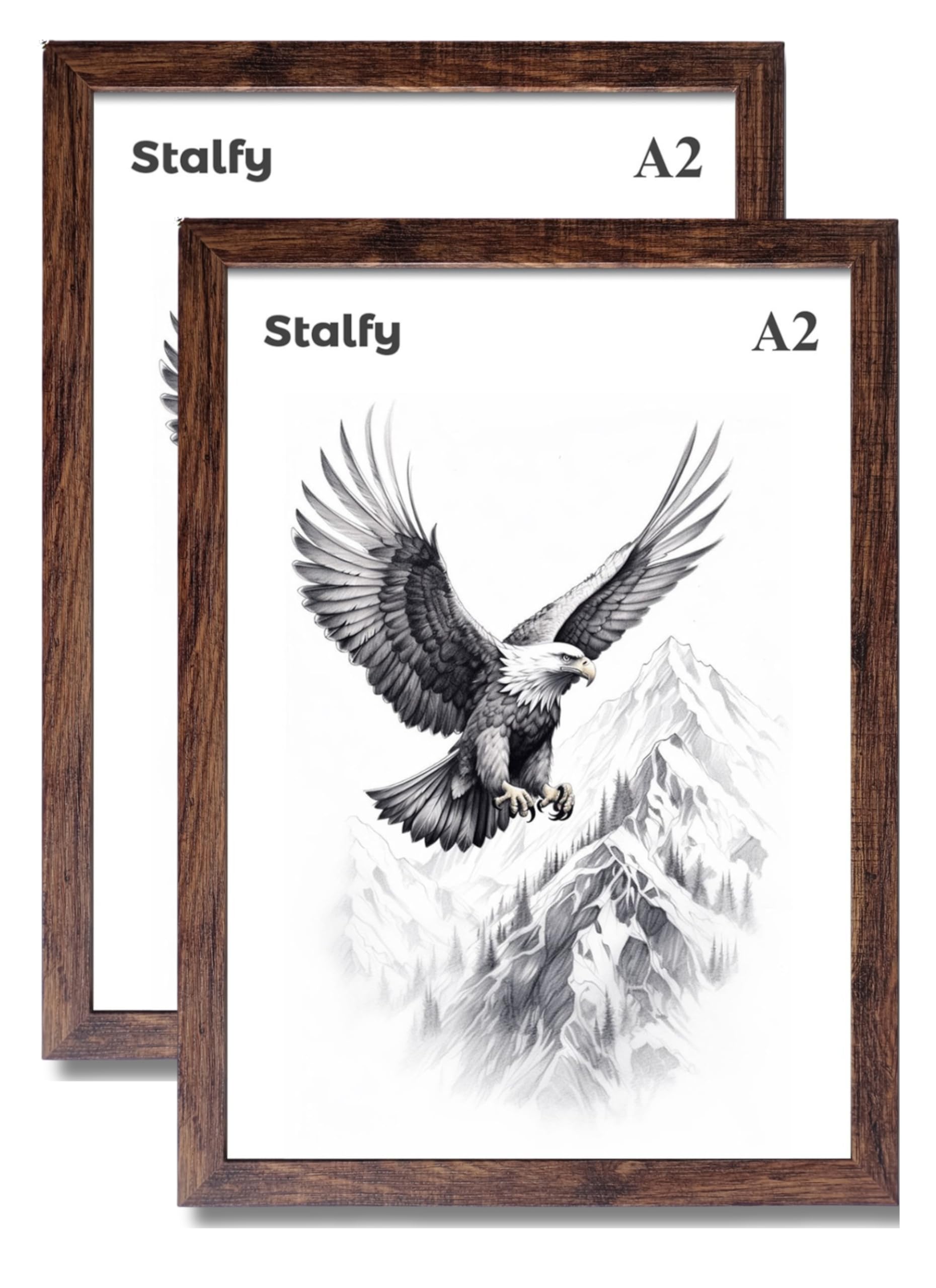 Cornice portafoto in formato A2 effetto legno, colore nero, 59,4 x 42 cm, larghezza 3 cm, qualità premium, con pellicola protettiva fronte/retro per plexiglass (A2 marrone, confezione da 2)