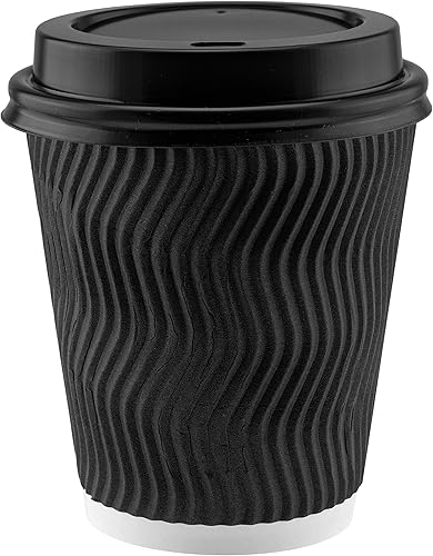 Miniatura 5 de NYHI Paquete de 100 vasos de papel negro de 10 onzas con tapas negras, popotes, tazas de café, desechables, sin BPA, aisladas, onduladas, vasos de
