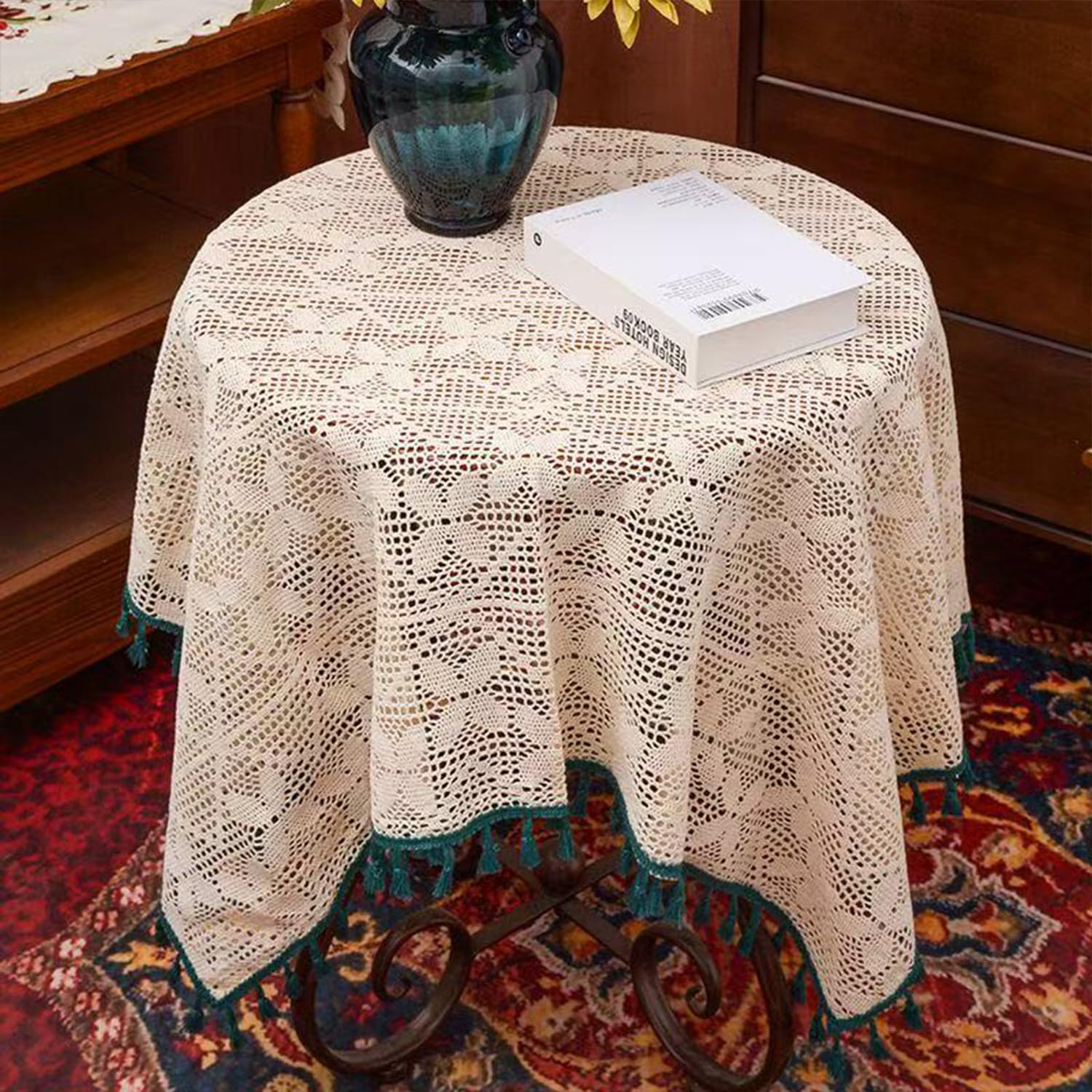 FOELANNE Embroidered Lace Tablecloth, Square Cotton Crochet Lace Tablecloth With Fringe Multiple Sizes(120x120cm)