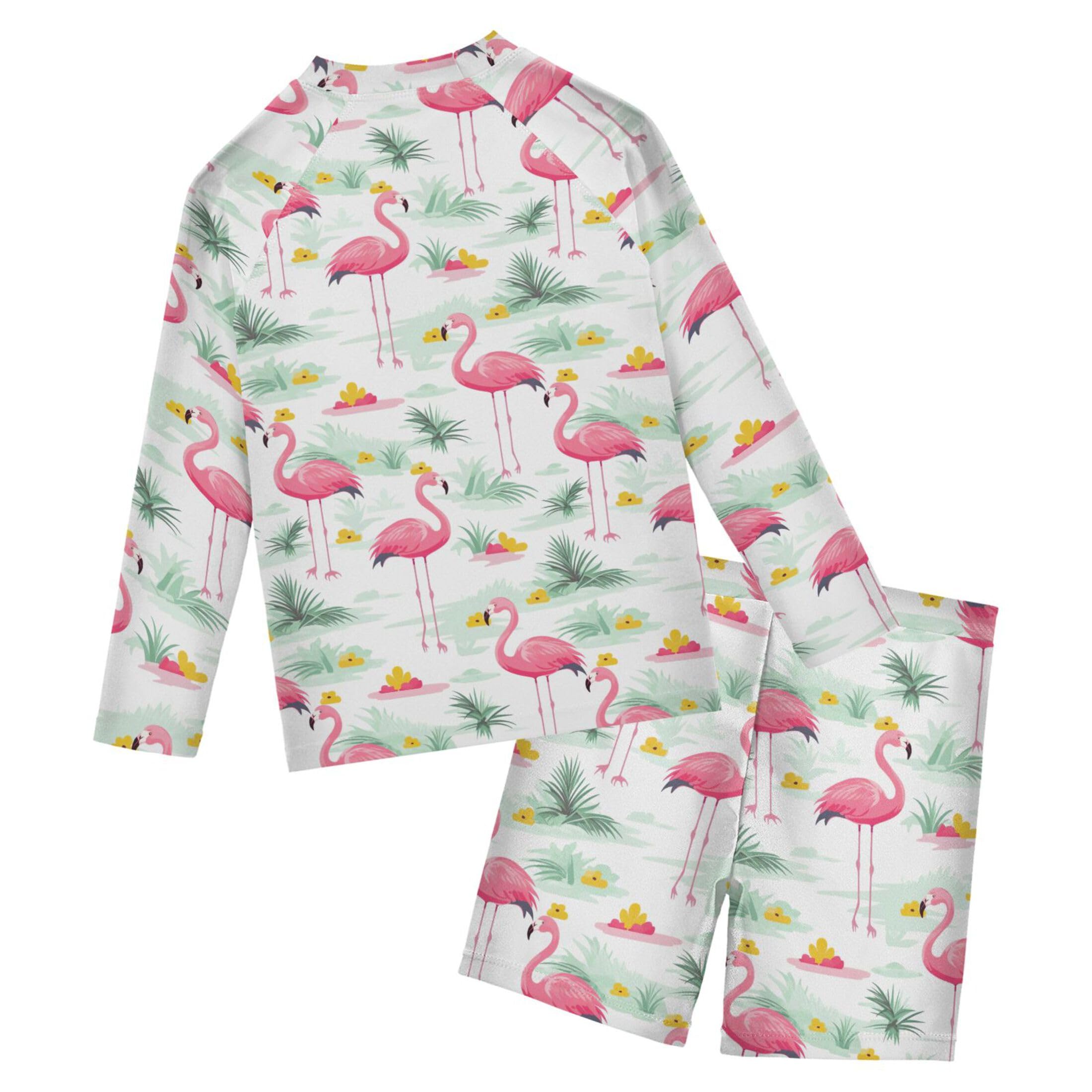 Flamingo Pink Summer Boys Rash Guard Swimsuits Set for Boys Long Sleeve Swim Shirts Bathing Suits B0402737