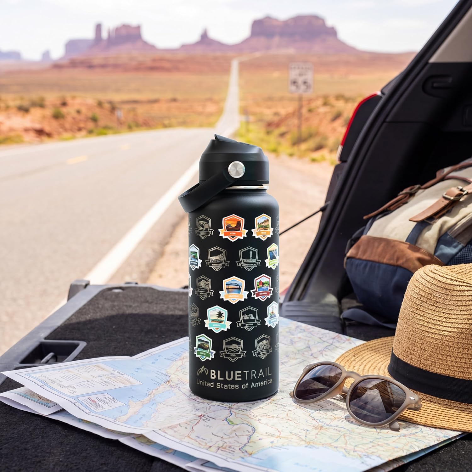 BlueTrail 50 States Water Bottle with Stickers - 32 oz Insulated Stainless Steel, Upgraded Leak-Proof Lid, UV & Waterproof Permanent Stickers, Laser Engraved 50 States of the USA (Black)