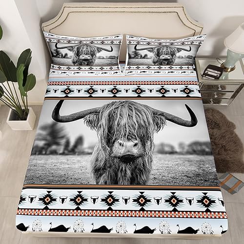 Miniatura 2 de Juego de sábanas de vaca de las tierras altas de Longhorn Bull Southwestern Native Azteca sábana bajera de animales de granja exóticos estilo